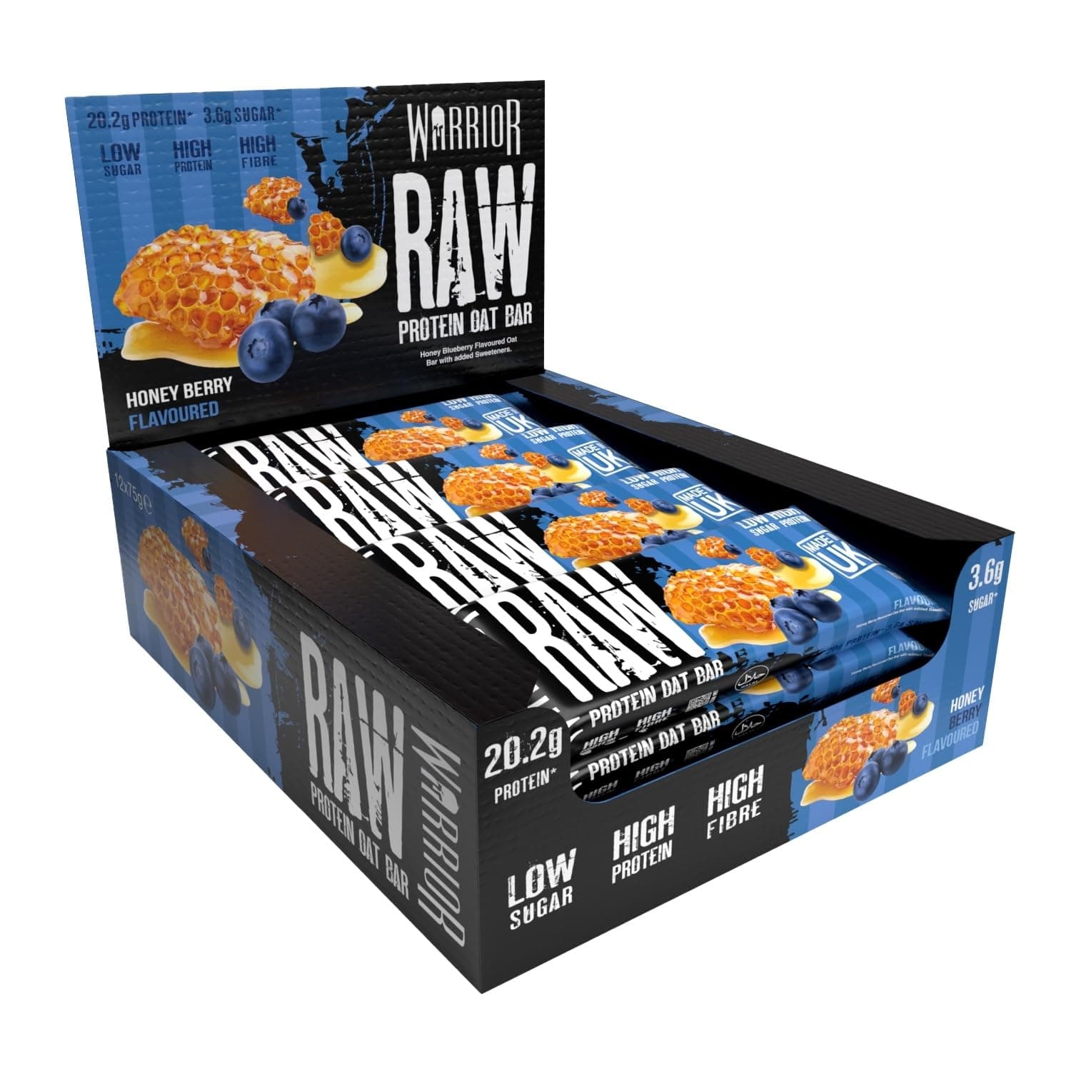 Warrior Raw Protein Bars – 20g Protein Per Bar – High Protein Snack Bars Multipack (12 or 24 Bars, 75g Each) – Low Sugar, High Fibre Breakfast & Meal Replacement Bar – Honey Berry Flapjack