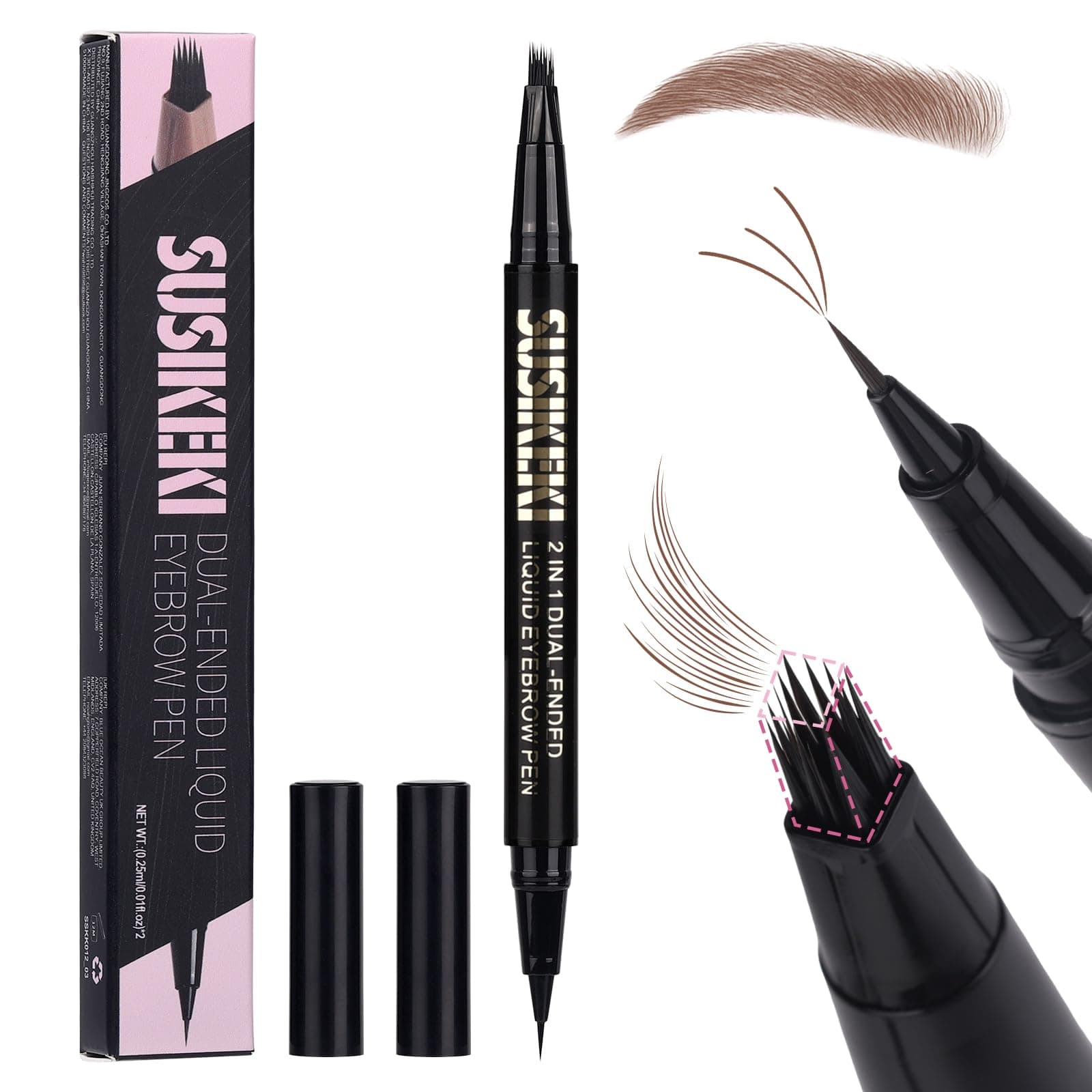 Dual Ended Microblading Eyebrow Pen - 2 in 1 Liquid Eyebrow Pencil with Brow-Fection Angled Brush & Precise Detail Brush-Tip, Shapes & Fills Hair-Like Looking Brows, Lasts All-Day, Brown