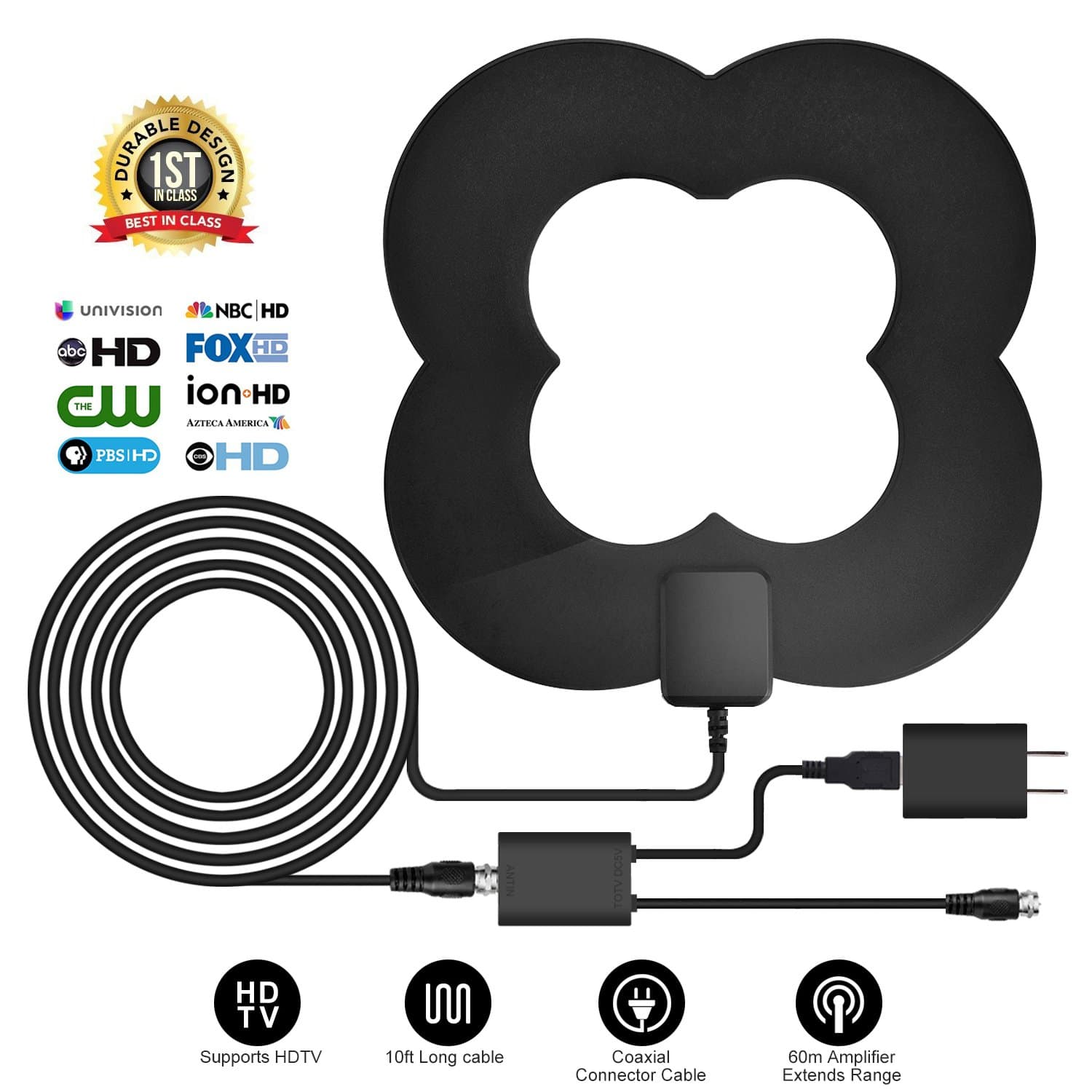 TV Antenna, 50 Miles Long Range TV Antenna For Digital TV Indoor, Aluminum Foil TV Antenna, More Stable Signal, 10 FT Digital Antenna With Detachable Amplifier Signal Booster(UL Certificate)