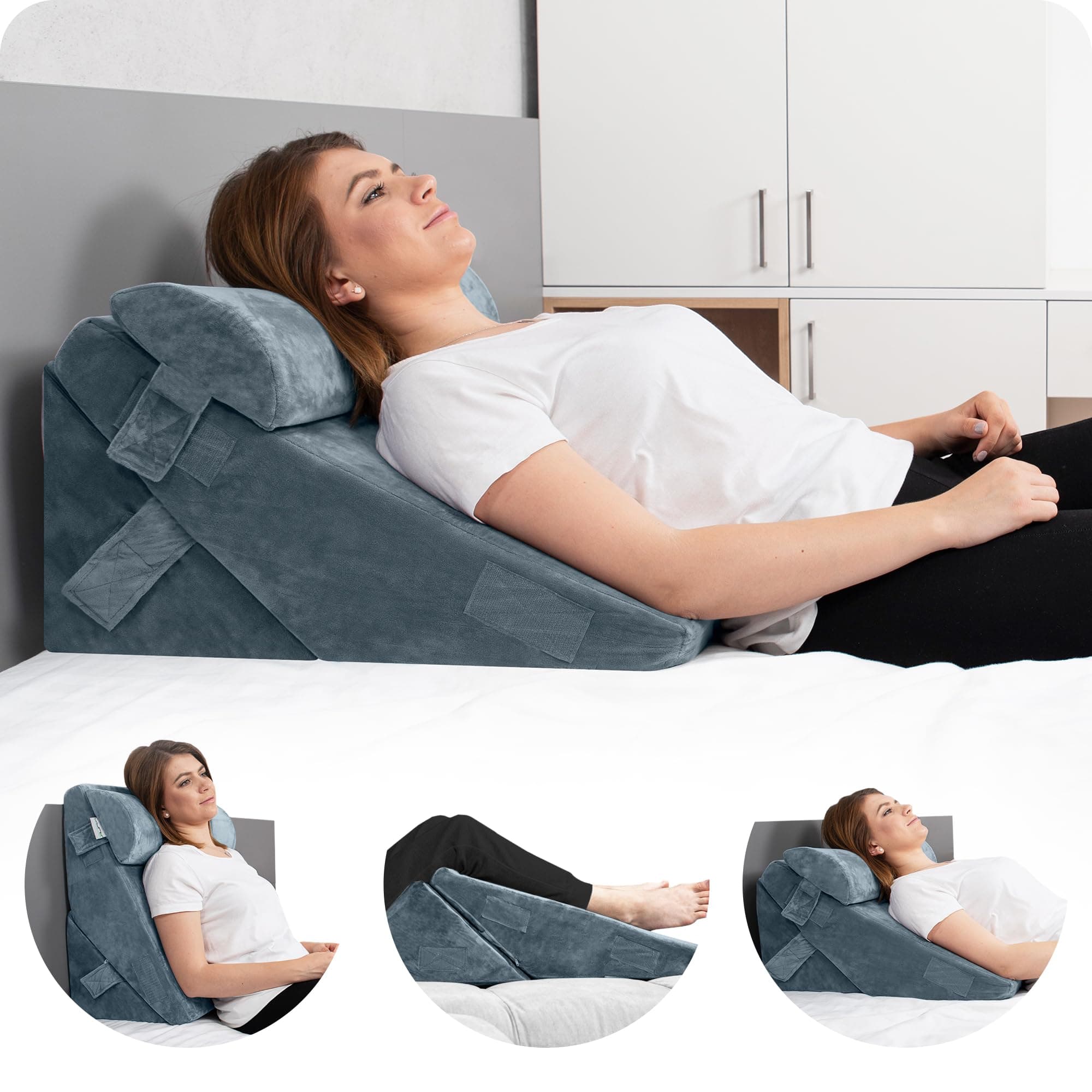 Lunix LX6 3-Piece Compact Support for Reading, Rest & Leg Elevation, Premium Odor-Free Orthopedic Bed Wedge Pillow Set, Memory Foam, Washable Cover, Stone Navy