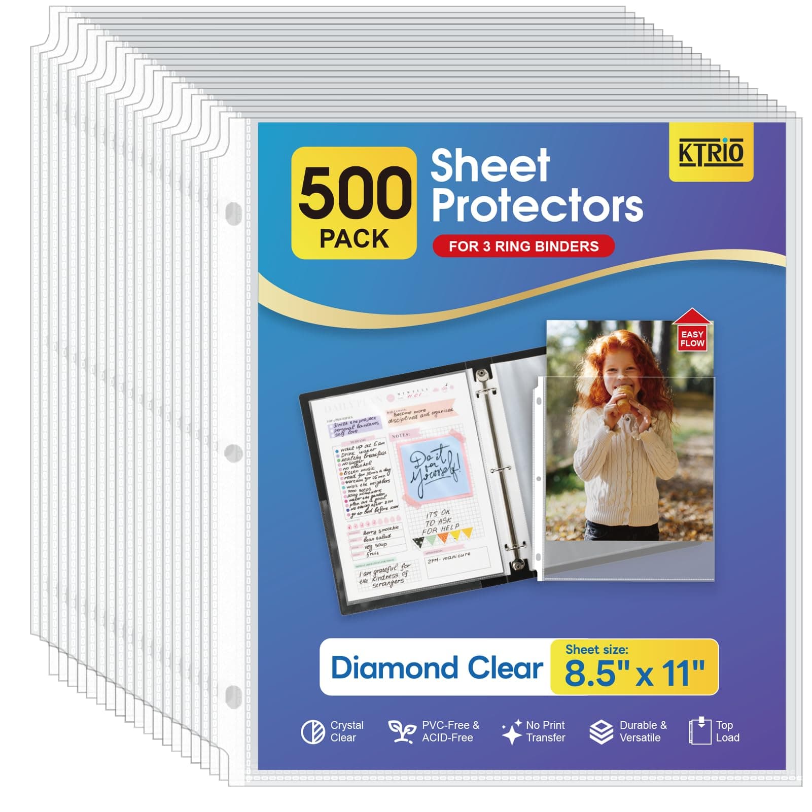 - KTRIO Sheet Protectors for 3 Ring Binder 500 Pack, Clear Page Protectors 8.5 x 11, Plastic Binder Sleeves for Paper, Top Loading, Office Home School