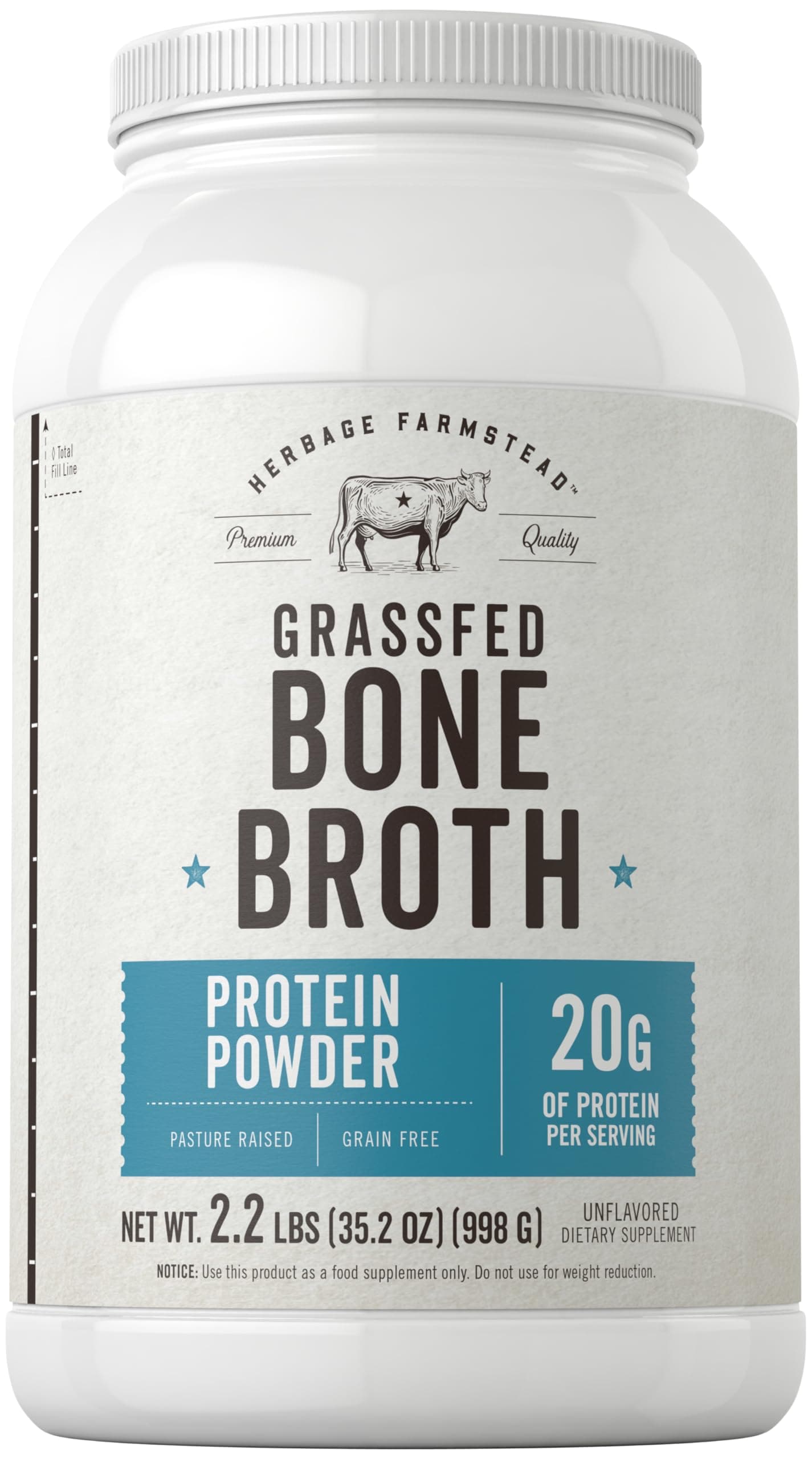 Grass Fed Bone Broth Protein Powder | 35.2 oz (2.2lb) | 20g Protein | Pasture Raised, Grain Free Supplement | Non-GMO & Gluten Free | by Herbage Farmstead