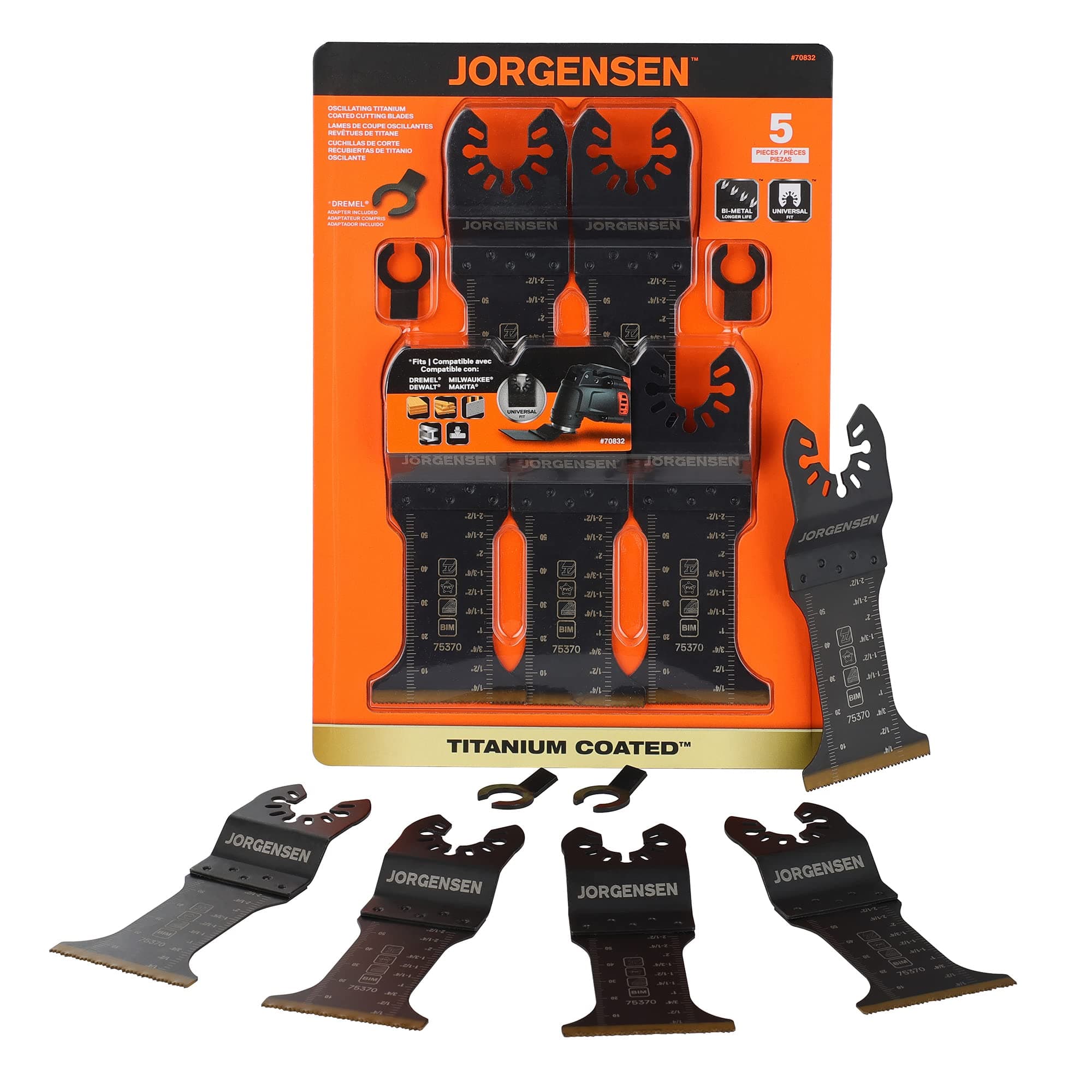 Jorgensen5 Pack Oscillating Saw Blades, Bi-Metal Multitool Blades with 2 Adapters, Titanium Coated High-Speed Steel Universal Multi Oscillating Tool Blade Kits for Plunge/ Flush Cut to Multi-Material