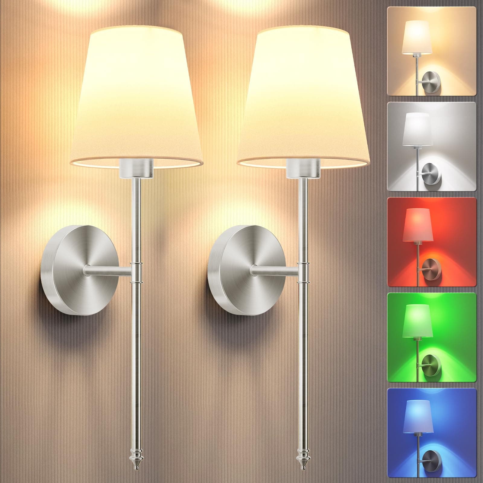 Battery Operated Wall Sconces Set of 2,Silver Wireless Wall Lights with Remote,9 Colors Modes Rechargeable Wall lamp for Bedroom Living Room Decor