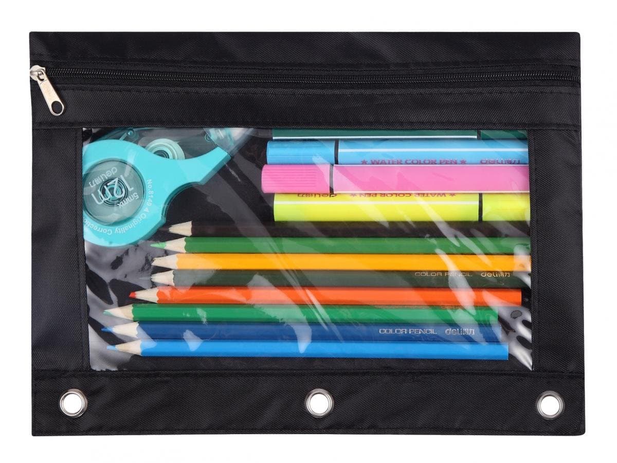 3-Ring Pen Pencil Pouch with Clear Window Stationery Bag Binder Case Classroom Organizers Black