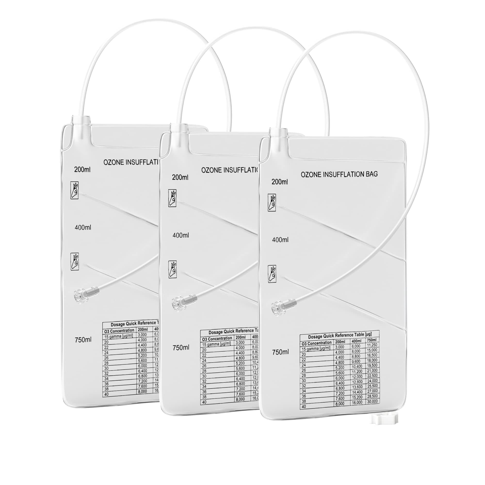 3-Chambered Ozone Insufflation Bag w/Customizable Volume (200/400/750 mL) - Compatible with Ozone Generator, Silicone Catheter, or Female Luer Lock - Medical Bag for Oxygen Therapy (3-Pack)