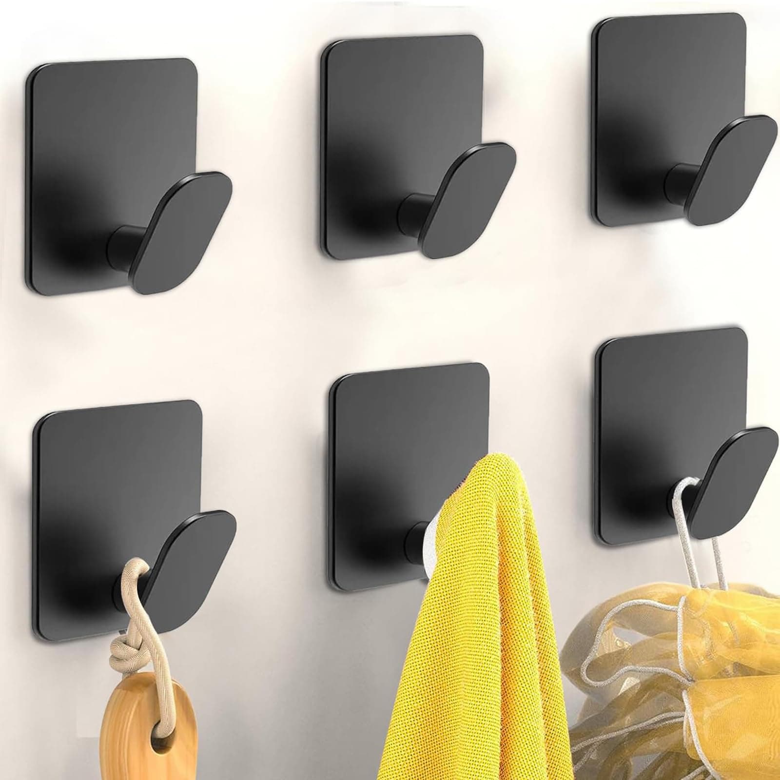 6 Pcs Adhesive Wall Hooks, Towel Hooks, Heavy Duty Hook for Hanging Towels, Robes, Coats, Keys, Calendars, Stick on Bathroom/Room/Door/Kitchen SUS 304 Stainless Steel Hooks(black)