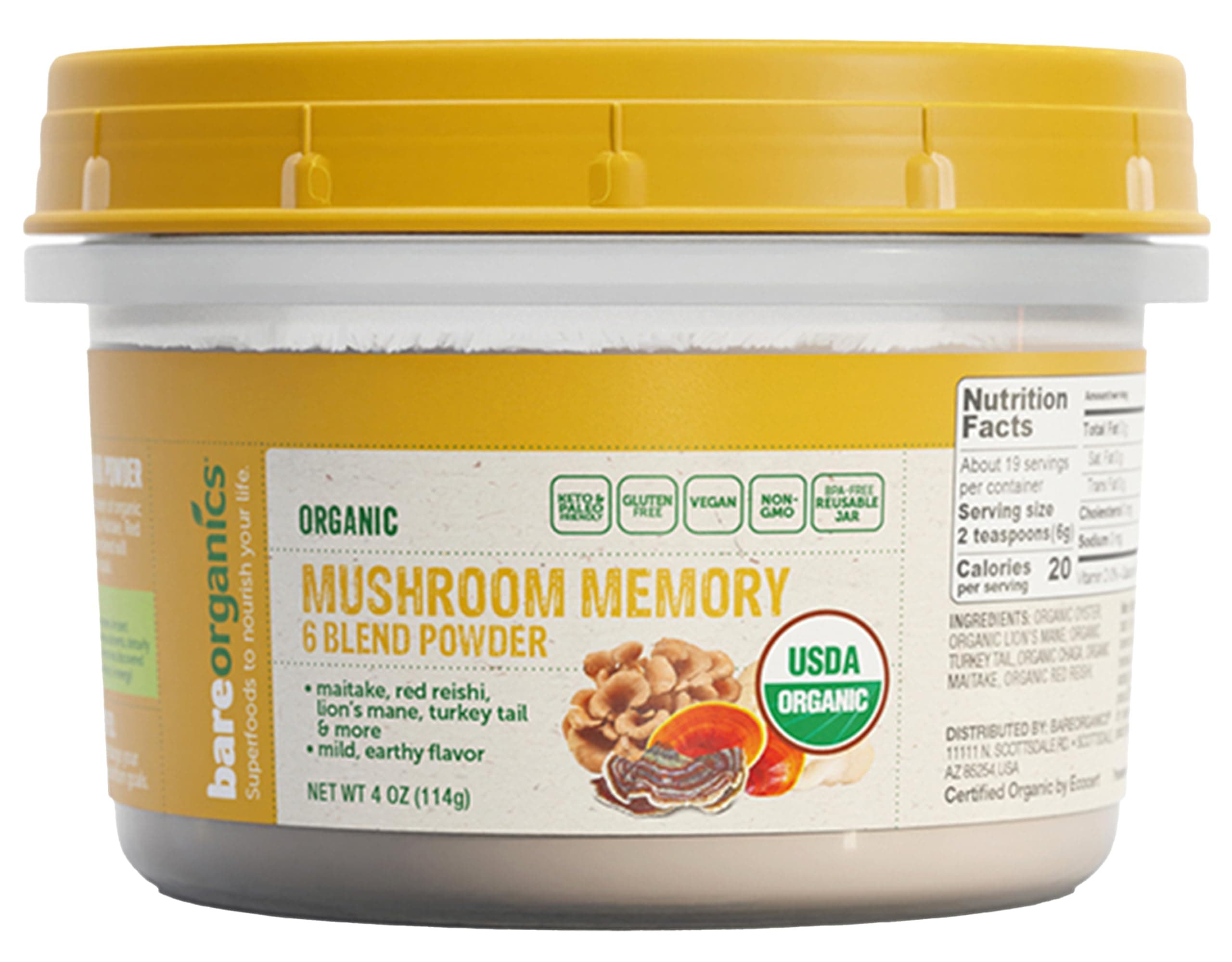 BareOrganics Mushroom Memory Blend Powder – Organic Superfood Mushroom Supplement with Lion’s Mane, Reishi, Maitake & Turkey Tail, Vegan Adaptogenic Powder - 4 oz