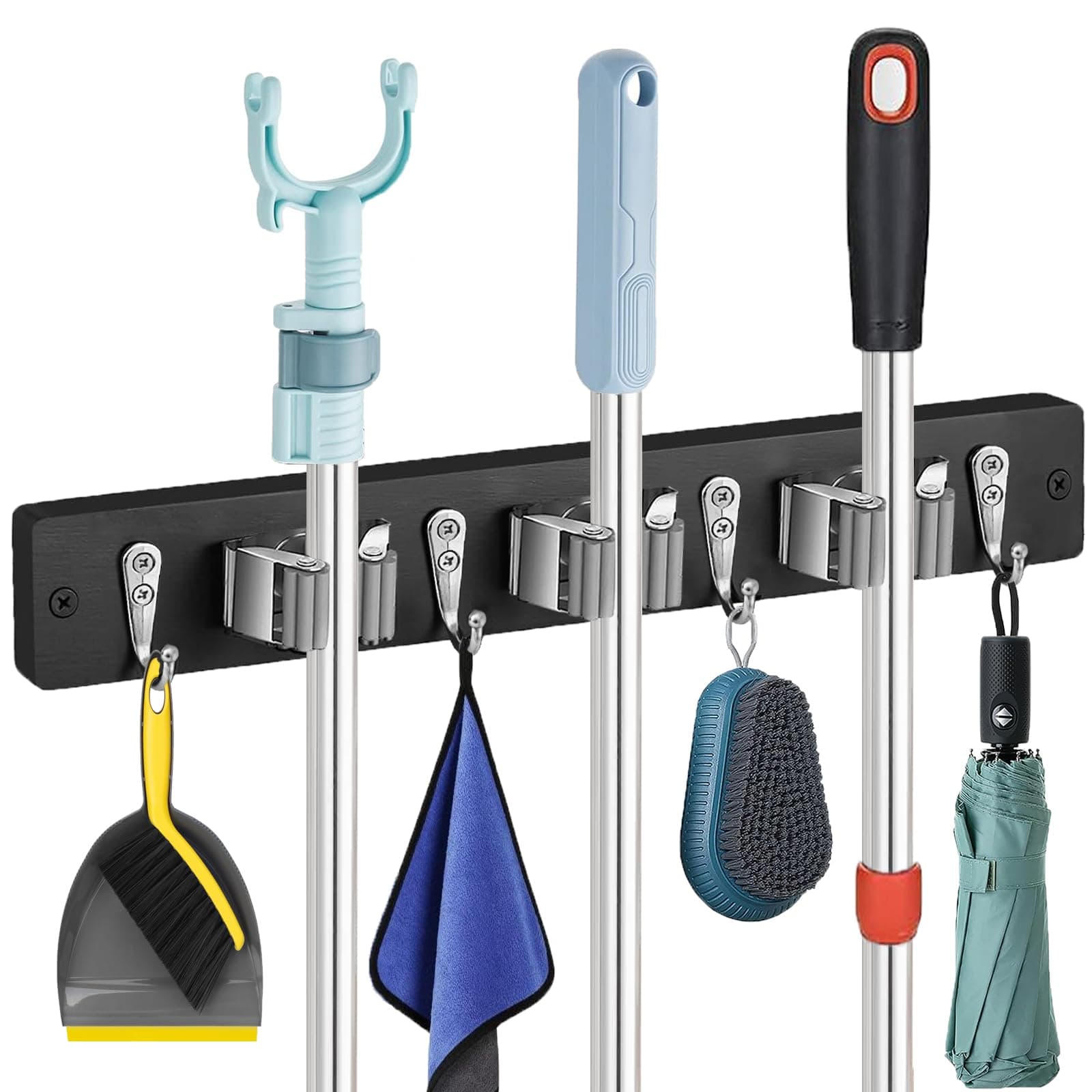 Mop and Broom Holder Wall Mount - Rustic Wood Broom Hanger Wall Mount | Laundry Room Decor - Broom Organizer Wall Mount for Farmhouse Garden Kitchen Garage Tool Organizer(Black-3slots/4hooks)