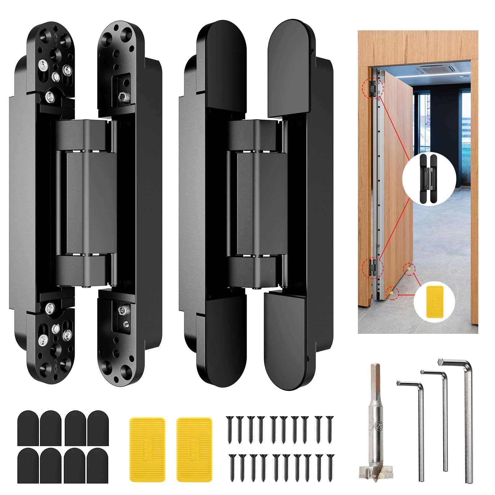 9.7" Hidden Door Hinge/Concealed Hinges,Invisible Hinges,Invisible Door Silent 180 Degree Swing Hinge 3-Way Adjustable Butt 9.7 x 3.3 x 1inch (Pack of 2) (Black 10 inches)