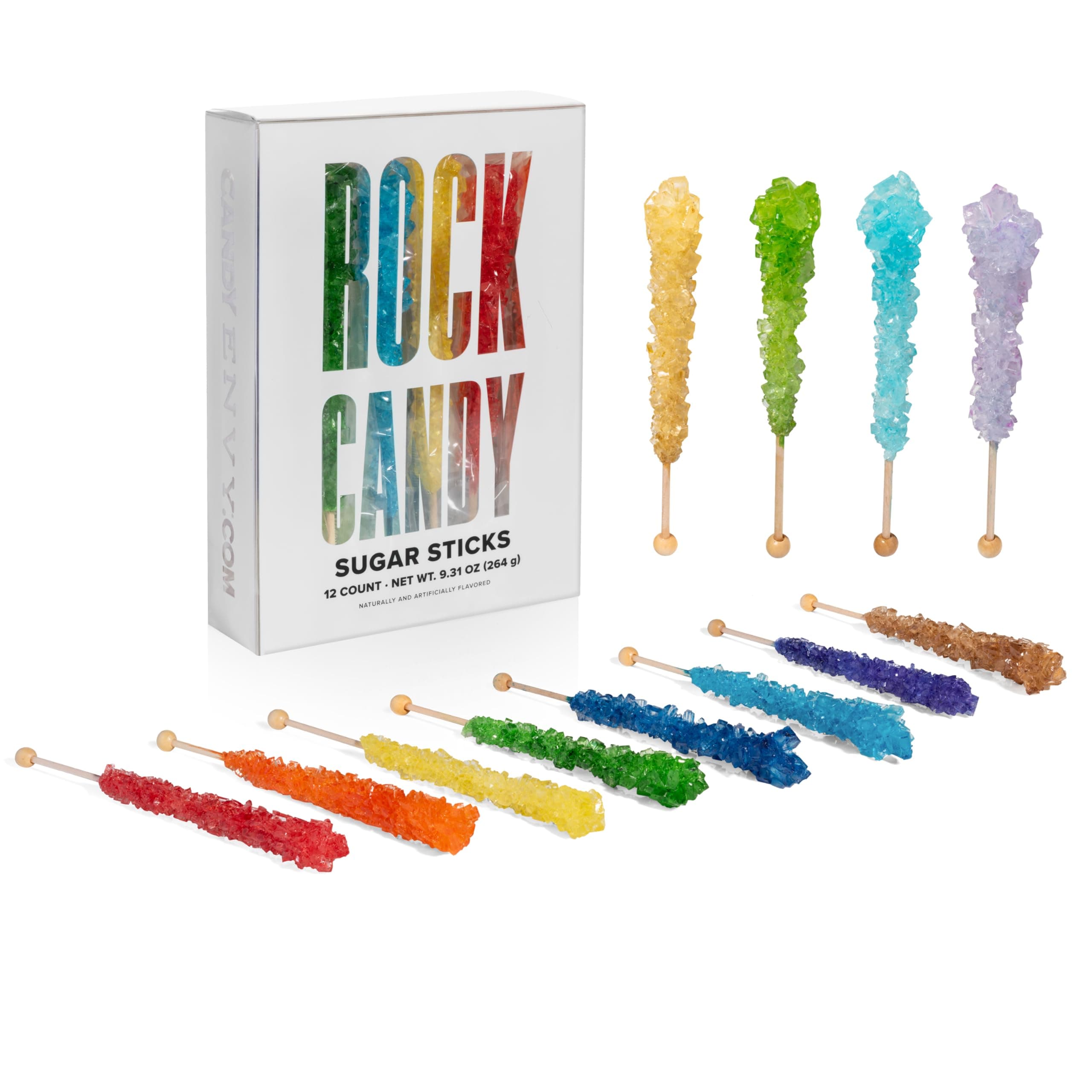 Assorted Rock Candy Sugar Sticks - 12 Individually Wrapped Treats - Assorted Colors & Flavors
