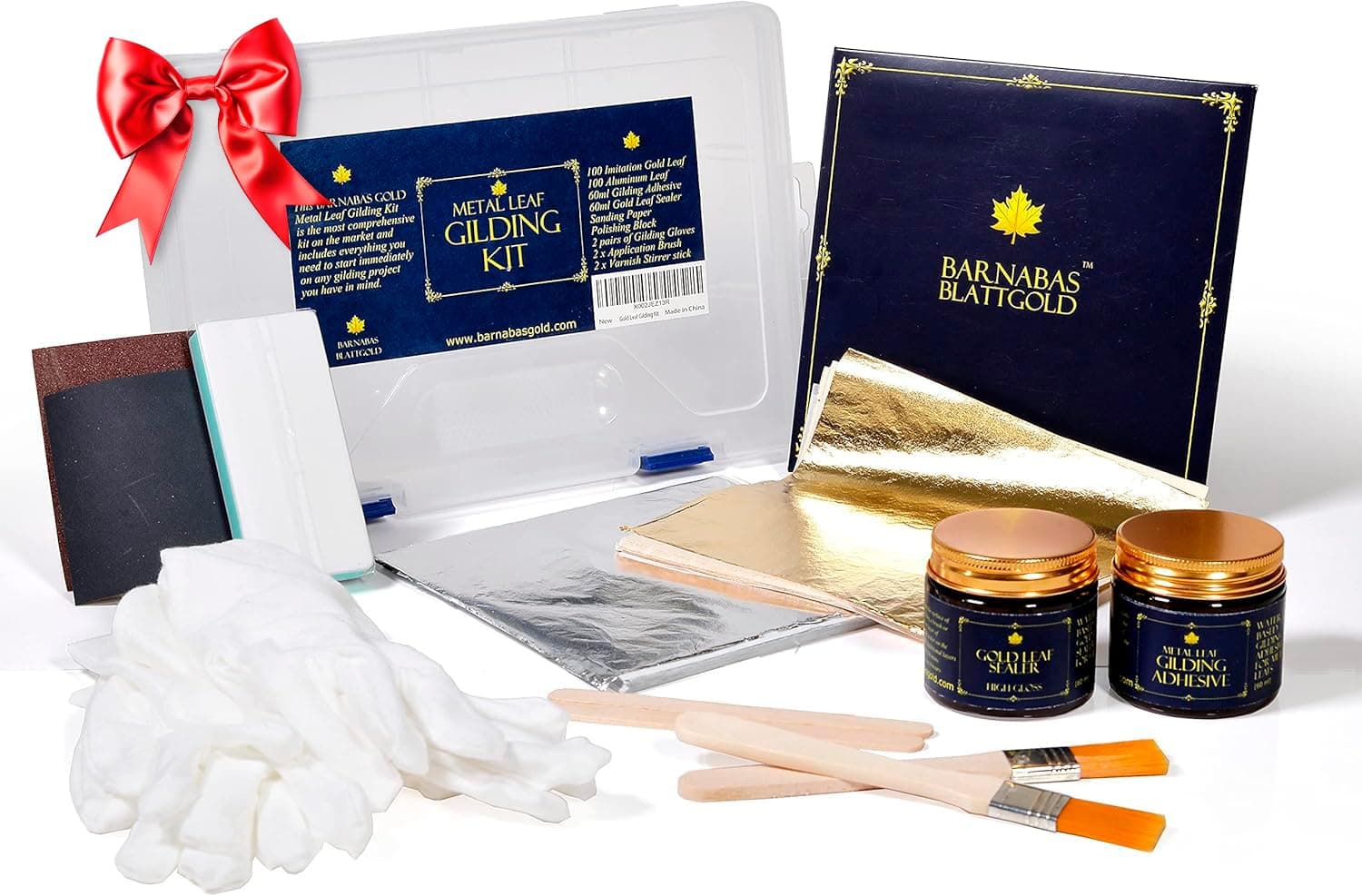 Gold Leaf Gilding Kit - 100 Sheets Imitation Gold Leaf, 100 Sheets Imitation Silver Leaf, Gilding Adhesive 60ml, Sealer Gloss 60ml, Gloves x 2, Brushes x 2, Sanding Block x 2, Sanding Paper #240 x 1