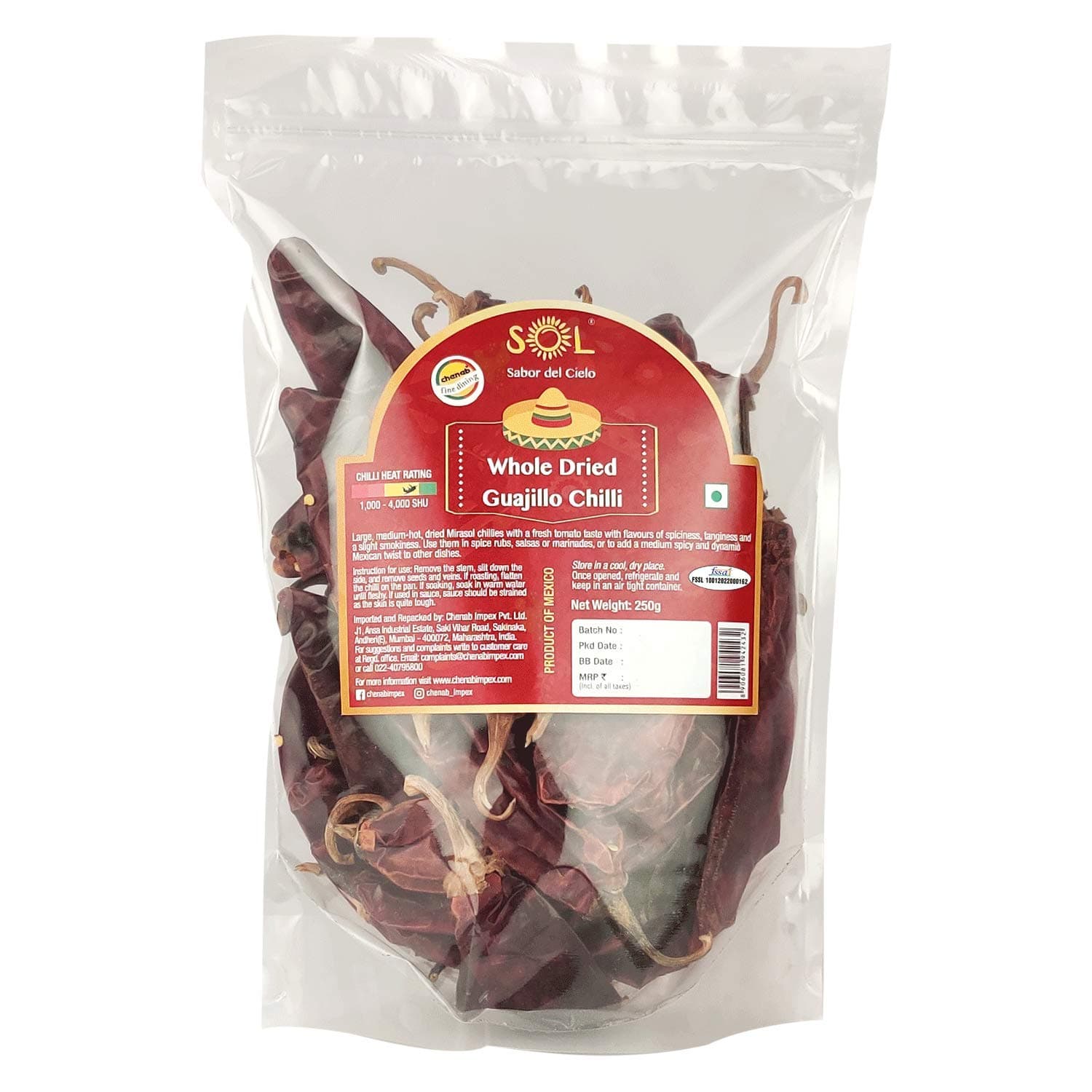 Sol Whole Dried Guajillo Chillies with stem, 250g