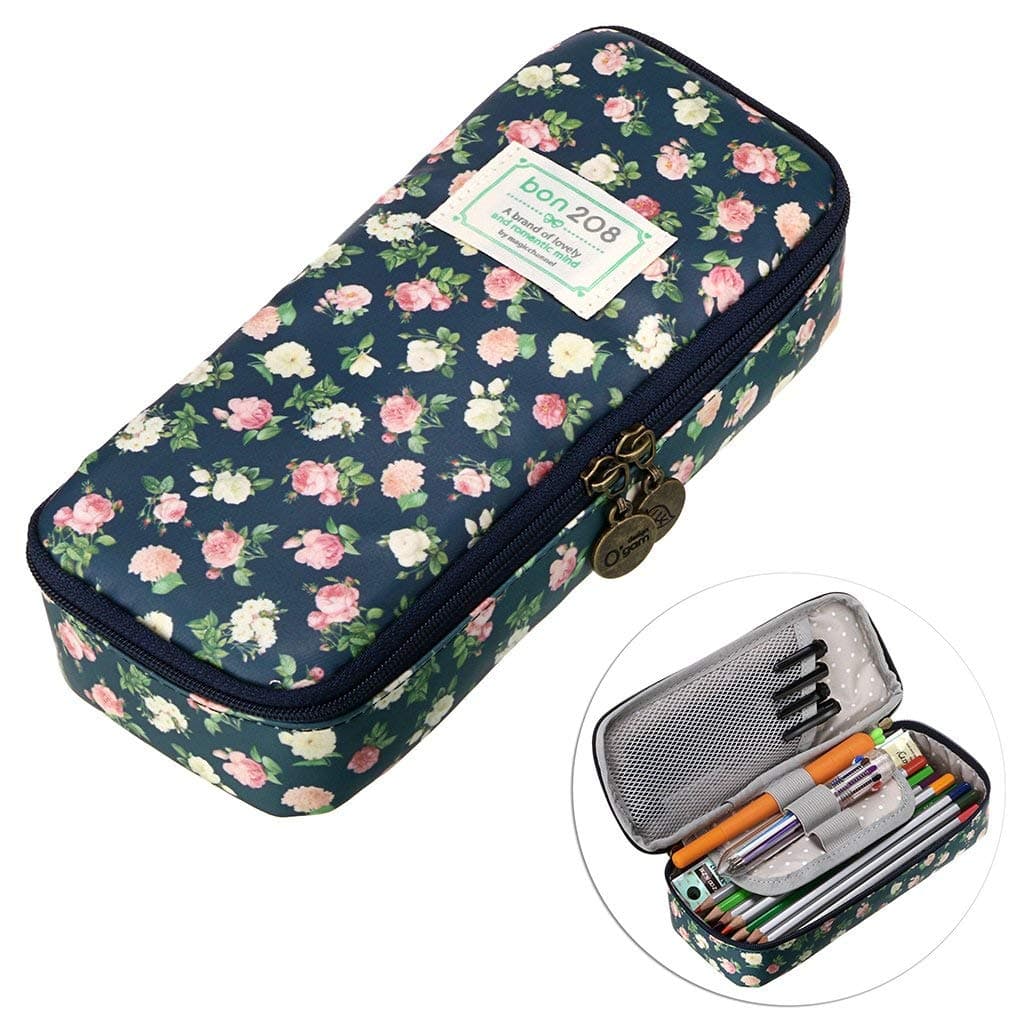 Cute Pencil Case - High Capacity Floral Pencil Pouch Stationery Organizer Multifunction Cosmetic Makeup Bag, Perfect Holder for Pencils and Pens Dark Blue