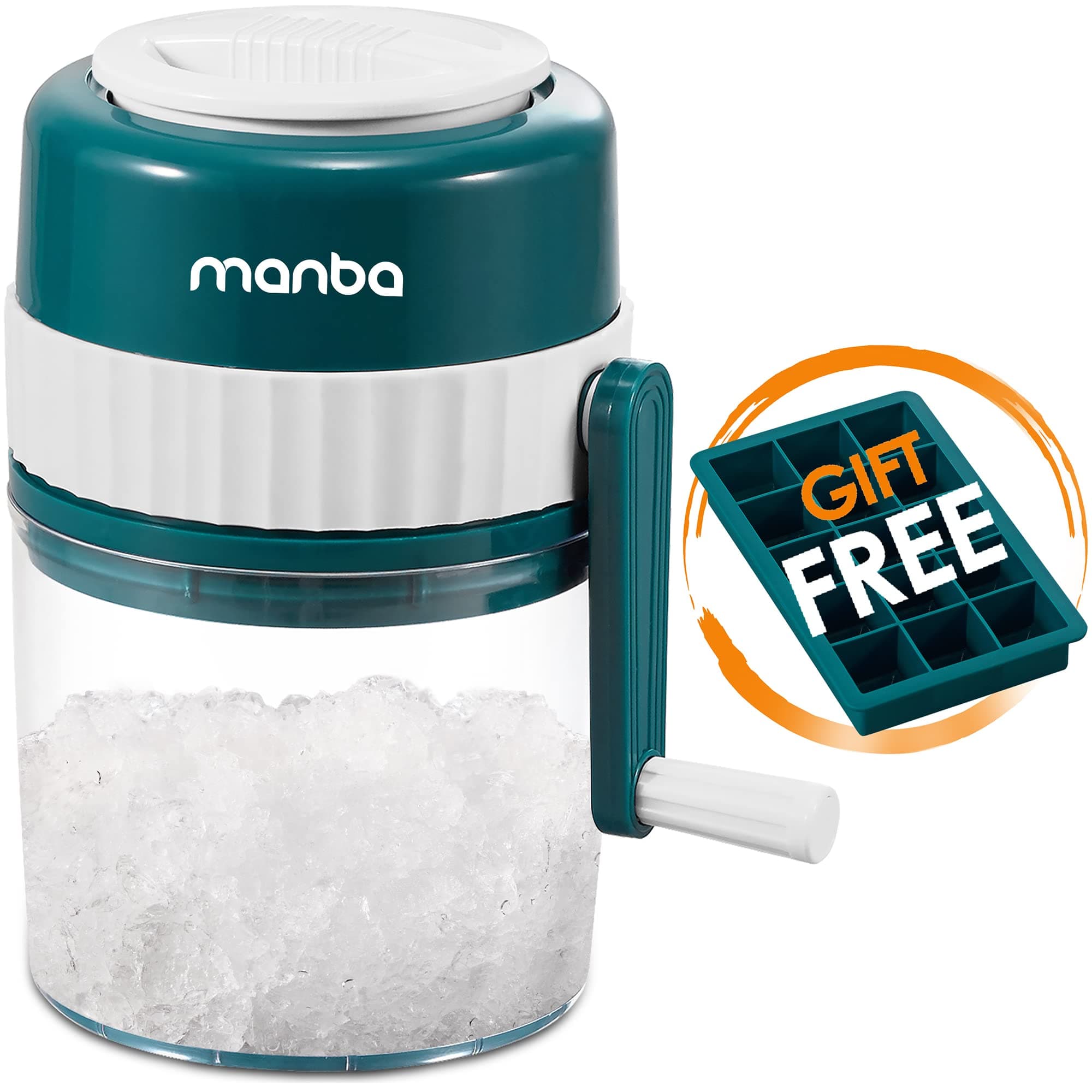 MANBA Premium Portable Ice Crusher and Shaved Ice Machine - BPA Free, Stainless Steel Blades, 3 Blades, Manual Hand Crank Operation, Countertop Ice Maker