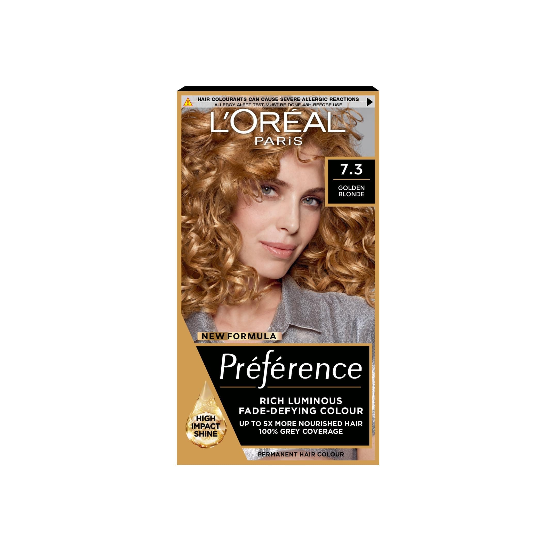 L'Oreal Paris Permanent Hair Dye, Preference 7.3 Golden Blonde, 100% Grey Coverage, Long Lasting, Luminous Hair Colour with Anti-Brass Purple Mask, Luminous Reflects, Pack of 1