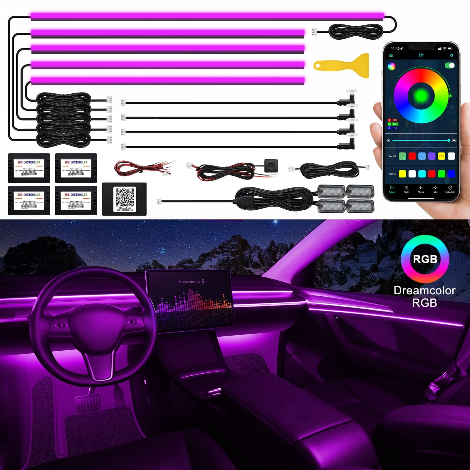 Acrylic Interior Car LED Strip Light with Wireless APP, RGB 14 in 1 with 175 inches 593 LEDs Fiber Optic Ambient Lighting Kits, 16 Million Colors Sound Active Function Car Neon Lights