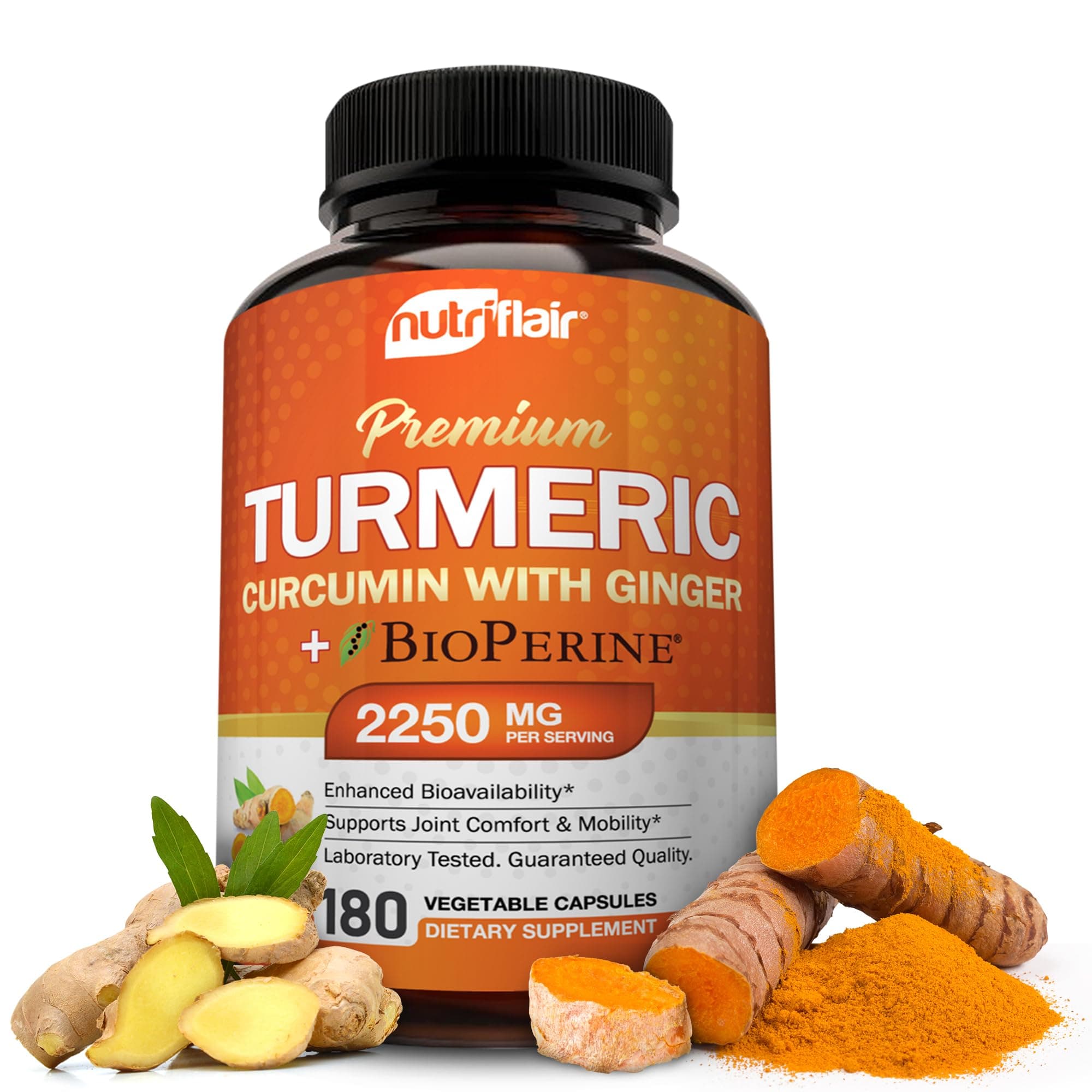 Turmeric Curcumin with Ginger and BioPerine Black Pepper Supplements, 180 Capsules - 95% Curcuminoids - Joint Support, Antioxidant, Anti Aging - Natural, Non-GMO, Vegan Best Maximum Potency