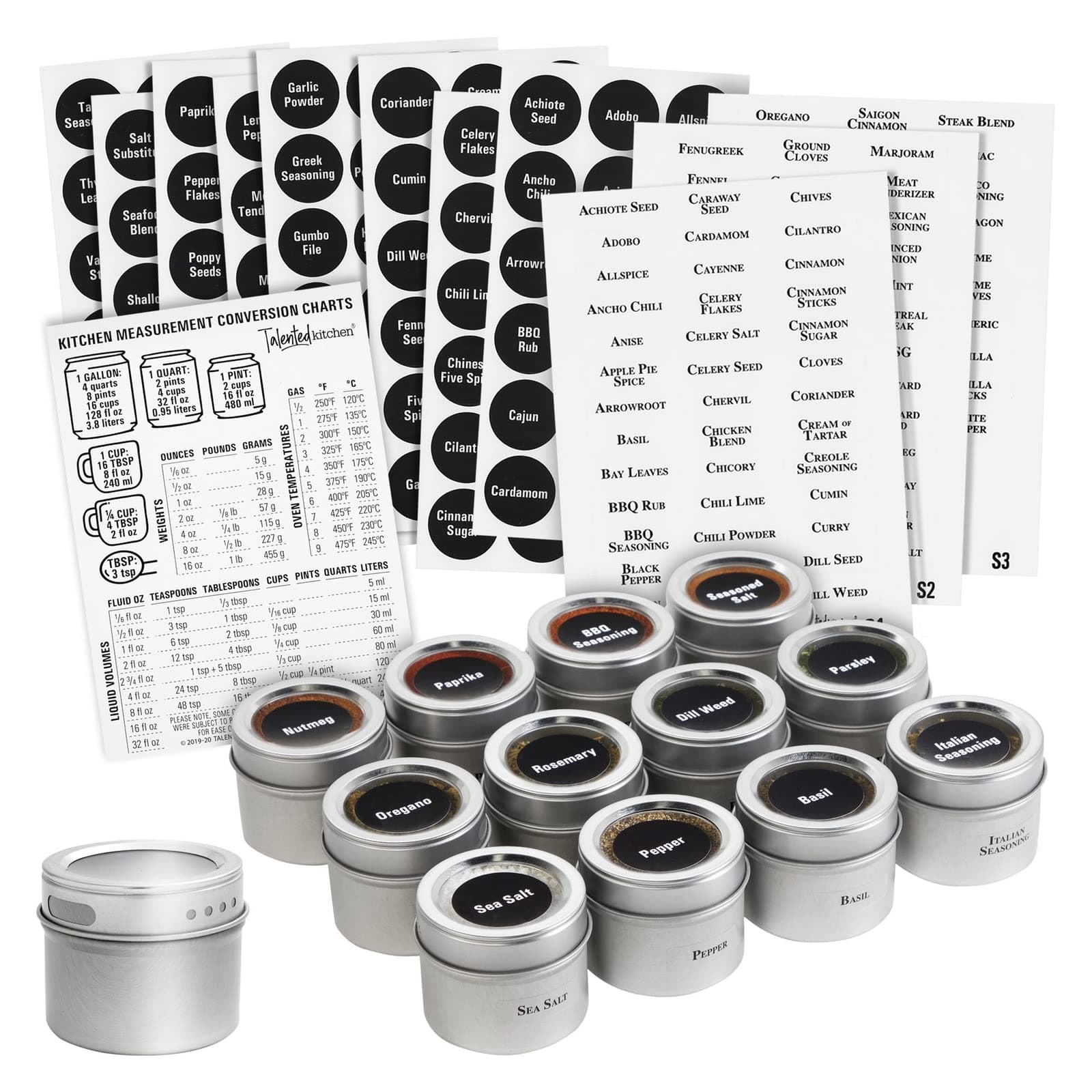 Talented Kitchen Magnetic Spice Jars for Refrigerator - 3 oz, Stainless Steel, Set of 12 - Spice Containers with Labels - Magnetic Travel Containers & Camper Must-Haves