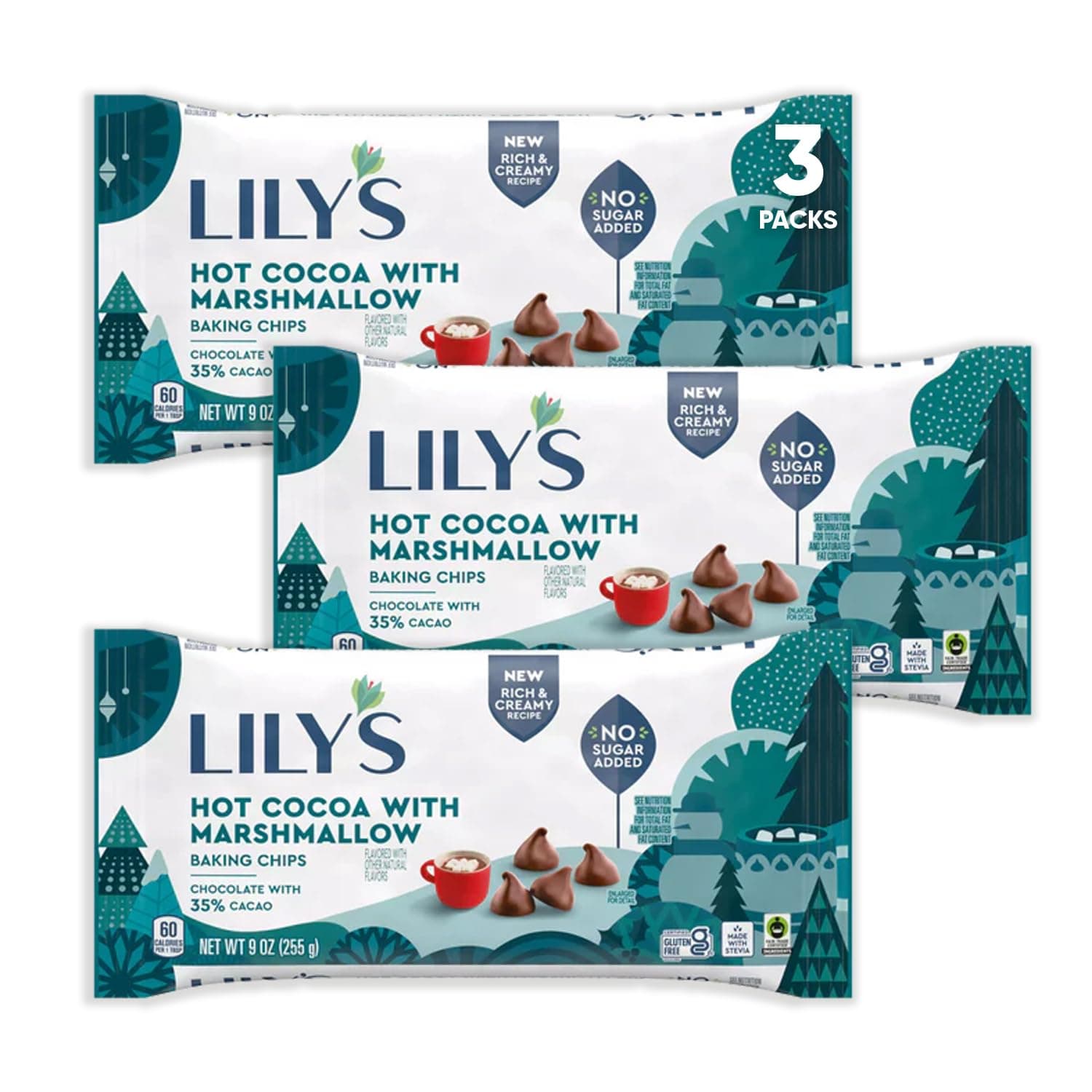 Lilys Hot Cocoa with Marshmallow Flavor Baking Chips 3 packs - No Sugar, Low Carb, Rich & Creamy 35% Cacao, Stevia Hot Chocolate Baked Chips for Baking