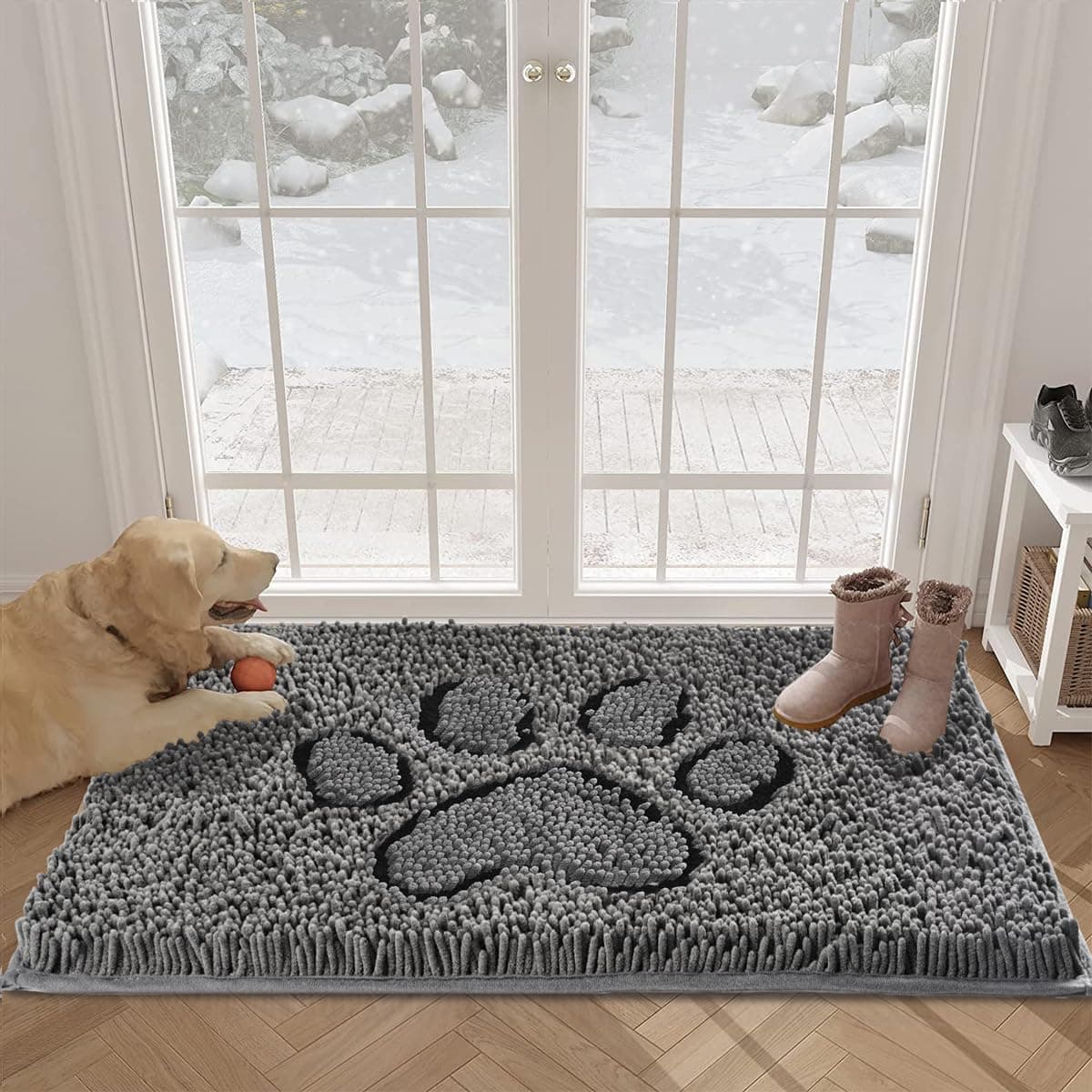 Soft Chenille Water Absorbent Door Mat Indoor, Traps Mud and Moisture for Muddy Shoes Dog Paws, Durable Backing, Washable, Rug Door Mat for Entry, High Traffic Areas, 20''x30'', Grey