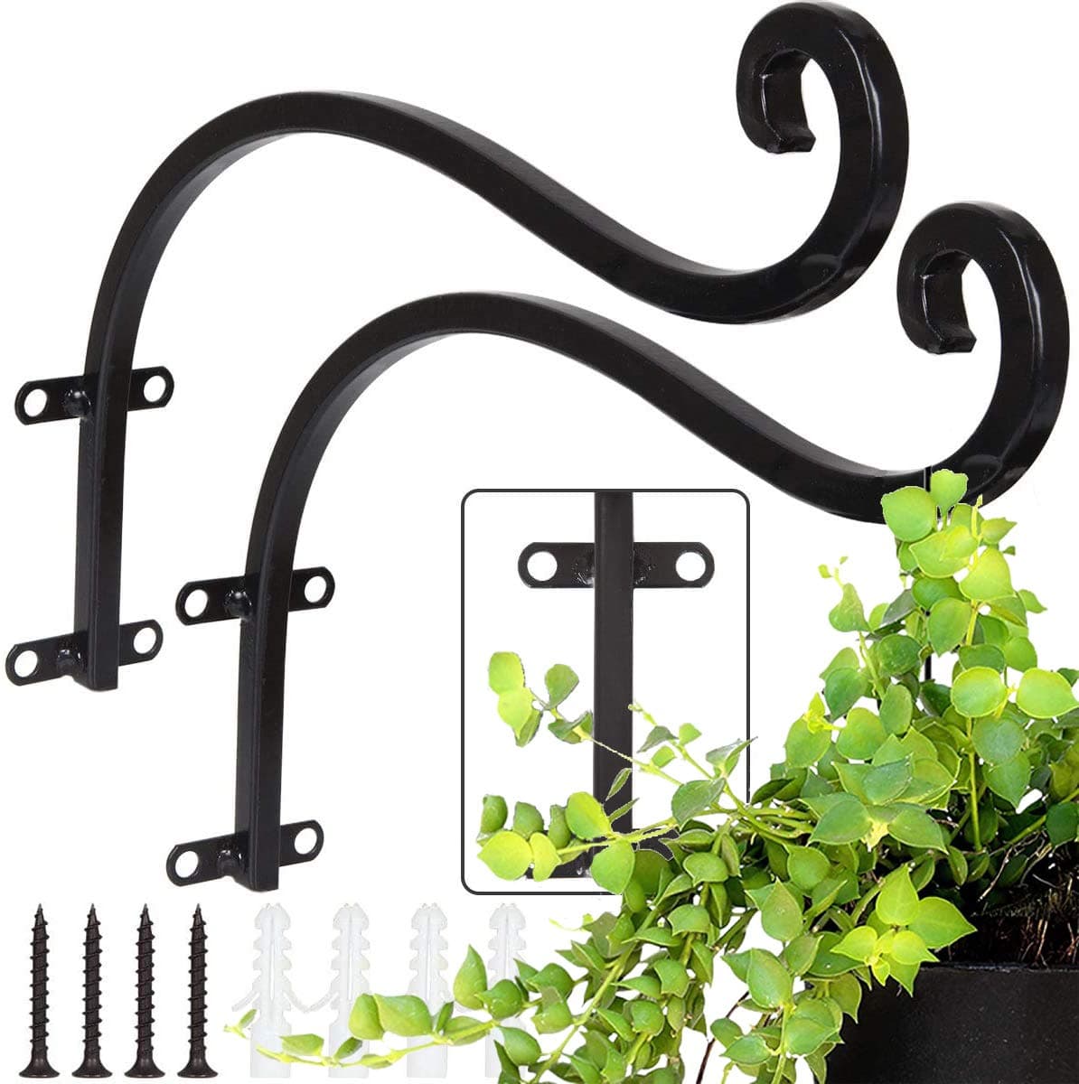 2 Pack 12 Inch Heavy Duty Hanging Basket Brackets Curved Up Iron Planter Hooks Decorative Metal Outdoor Garden Plant Pots Wall Hangers for Lanterns Fence Flowers by Post - Black