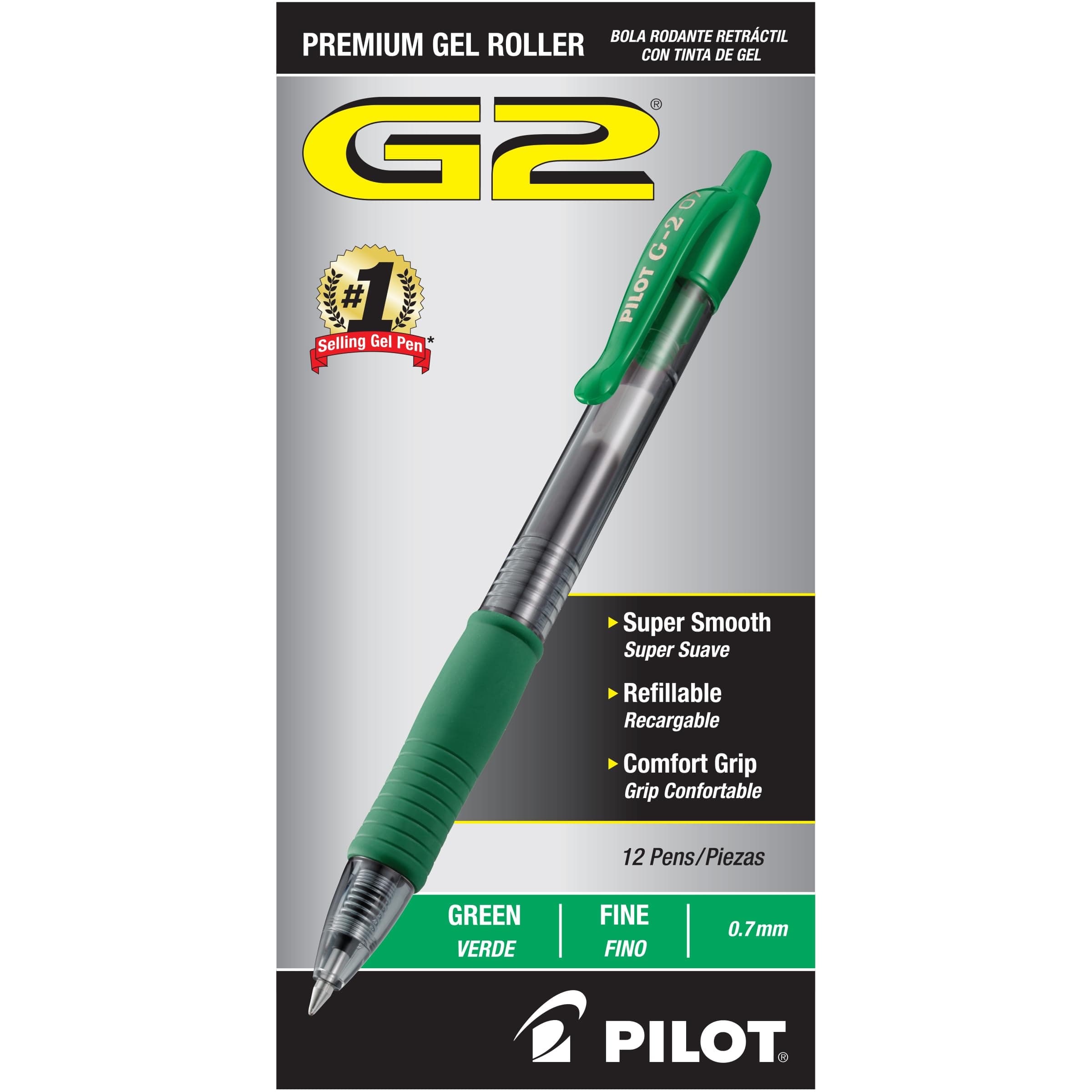 PILOT G2 Premium Refillable and Retractable Rolling Ball Gel Pens, Fine Point, Green Ink, 12-Pack (31025)