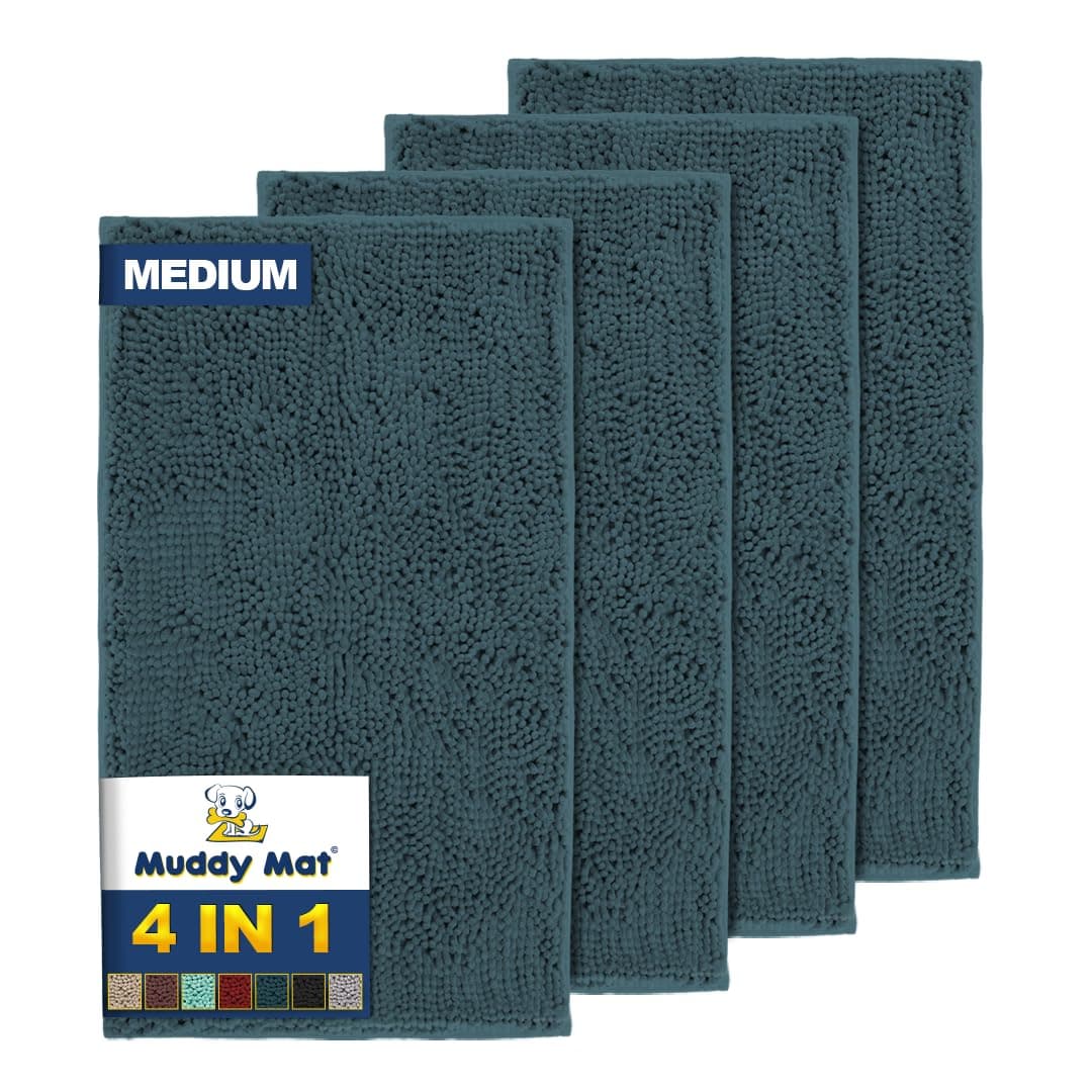 Muddy Mat® 4-Piece Atlantic Blue Medium 30"X19" AS-SEEN-ON-TV Highly Absorbent Microfiber Door Mat, Bath Mat and Pet Rug, Non Slip Thick Washable, Soft Chenille for Kitchen Bedroom Indoor and Outdoor
