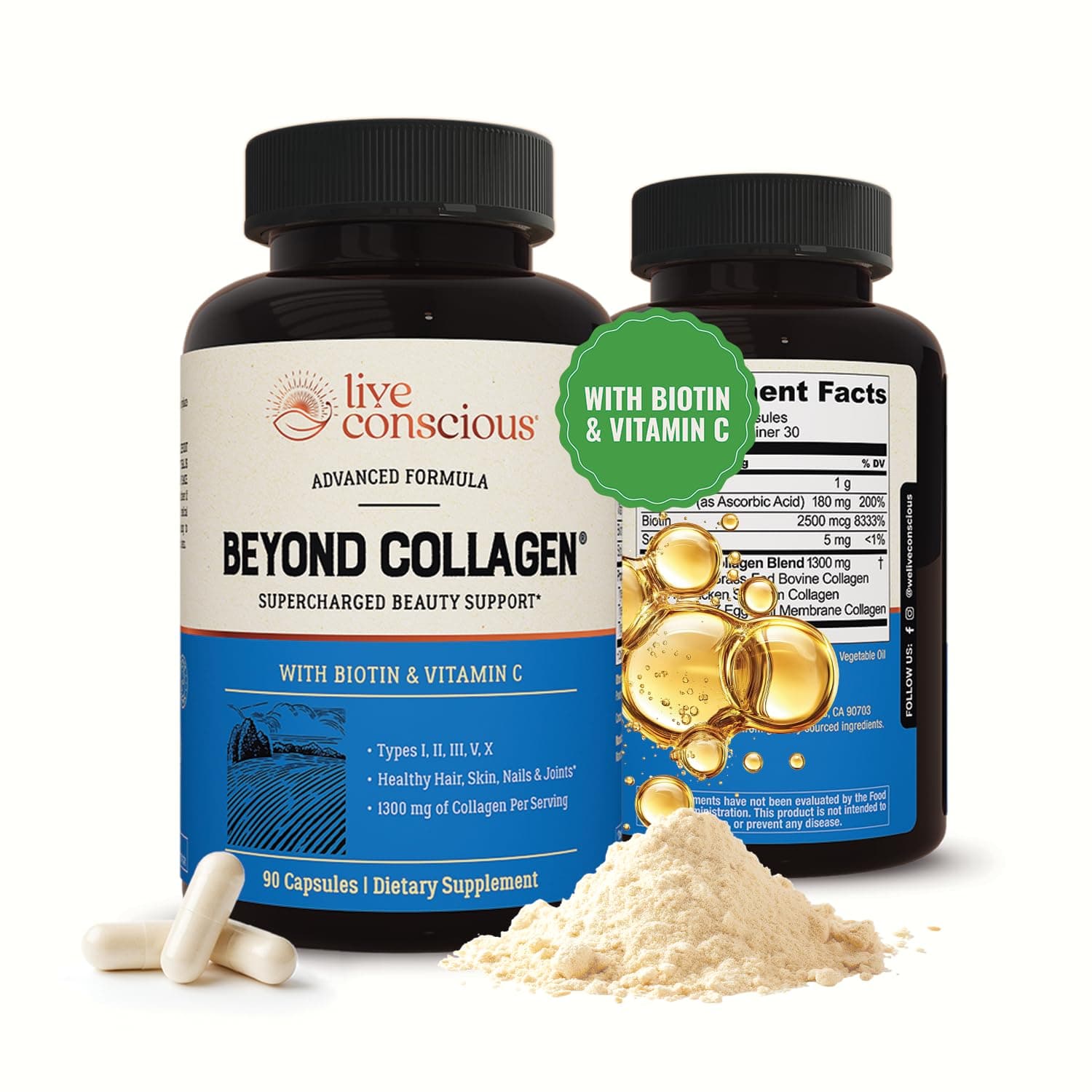 Beyond Collagen Multi Collagen Capsules - Types I, II, III, V & X - Hydrolyzed Blend with Biotin & Vitamin C for Hair, Skin, Nails 90 Capsules