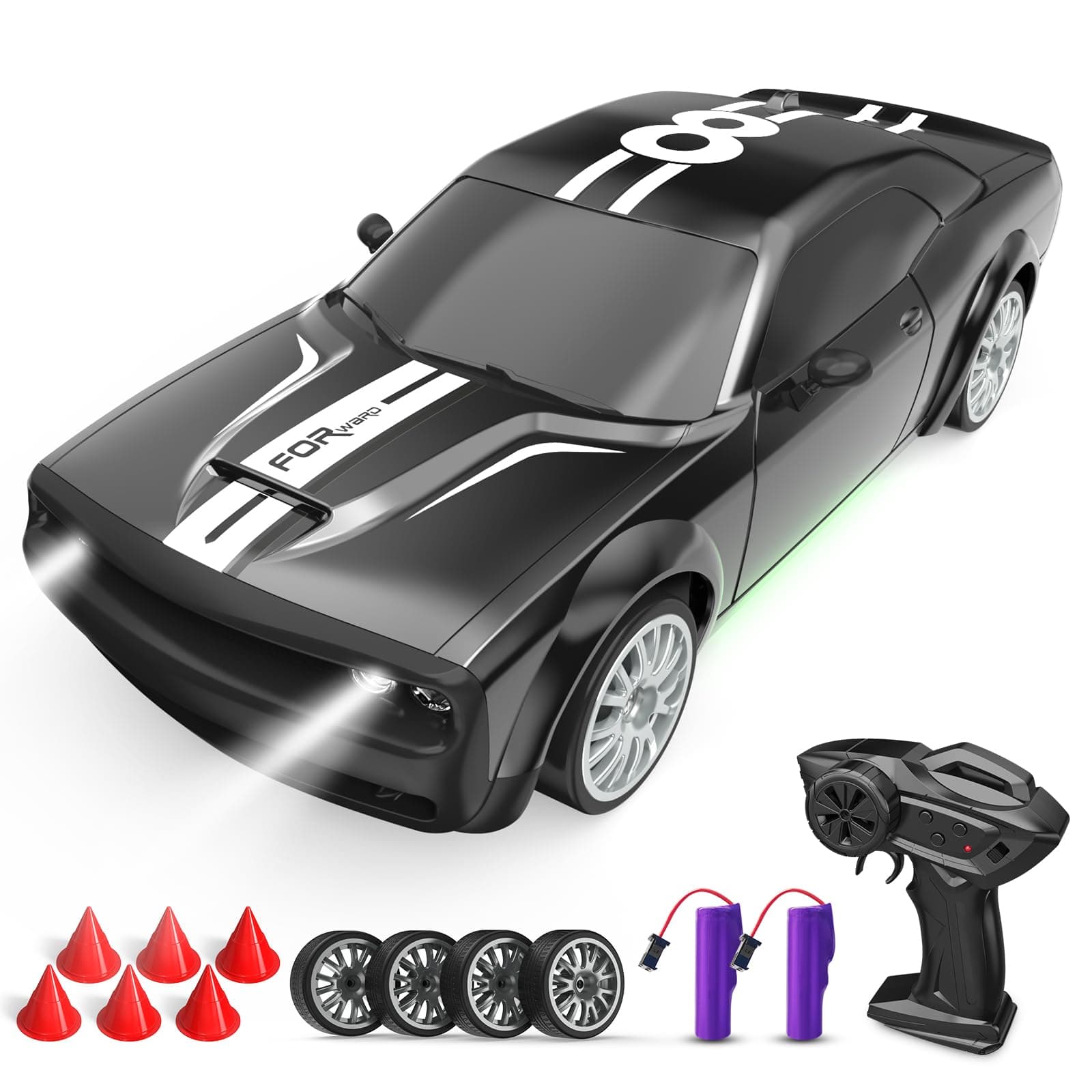 Remote Control Car RC Drift Car 2.4GHz 1:20 Scale 4WD 20KM/H High Speed Remote Control Cars Vehicle with LED Lights Drifting Tire 2Pcs Rechargeable Batteries Toy Cars for Adults Boys Girls (Black)