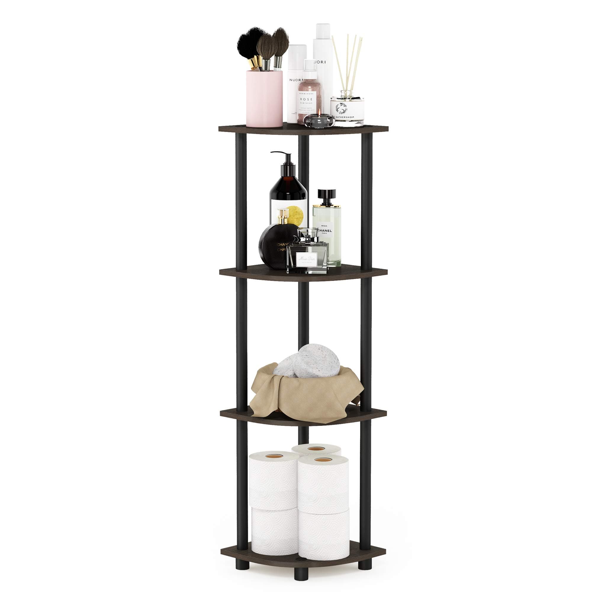 Furinno TURN-N-TUBE Corner Shelf, 4-Tier Corner Bookshelf, Display Storage Shelves with Open Shelves, for Organization and Storage, Living Room, Home Office, Garage, Dark Brown Grain