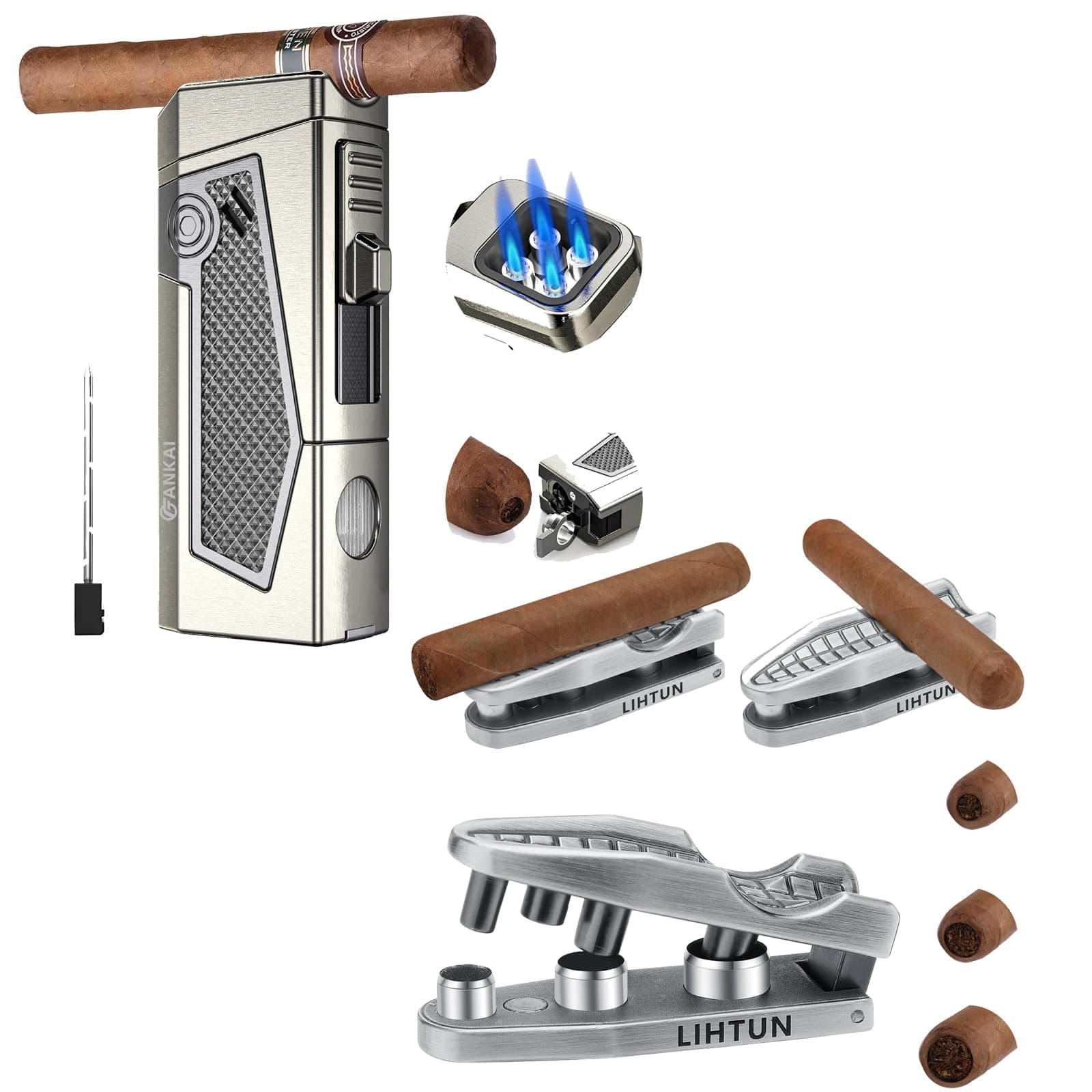 FANKAICigar Lighter 4 Torch Jet Flame, Cigar Punch, Cigar Holder, Cigar Draw Enhancer, Refillable Torch Lighter, Cigar Punch and Stand Set, Triple-Punch Cutter,Dual Holders, 20-25-30 Ring Guage