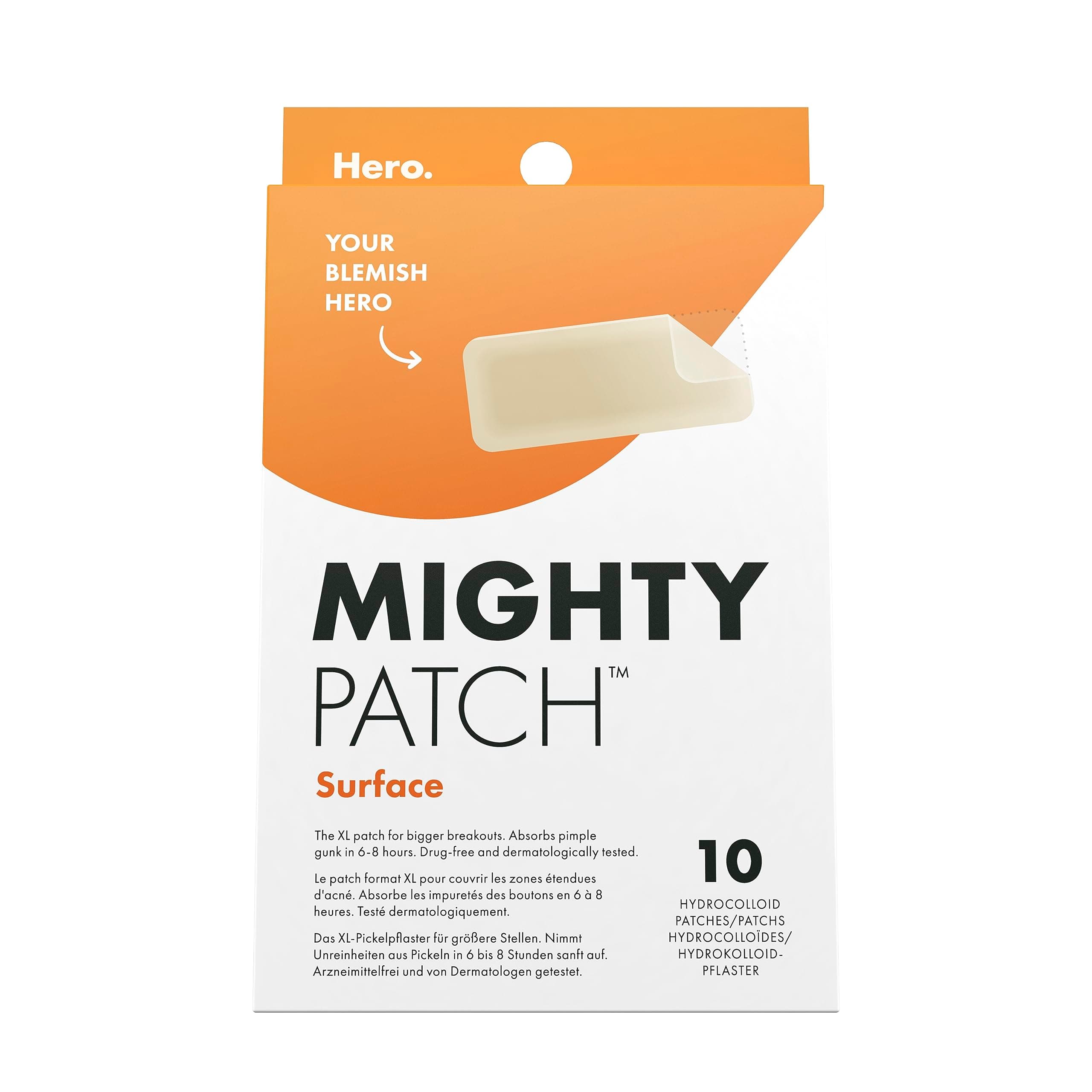 Mighty Patch Surface Spot Patches by Hero Cosmetics, XL Spot Remover Hydrocolloid Patches, Day & Night Acne Treatment & Anti Acne Dots, Face & Body Spot Treatment Stickers - 10 Large Pimple Patches