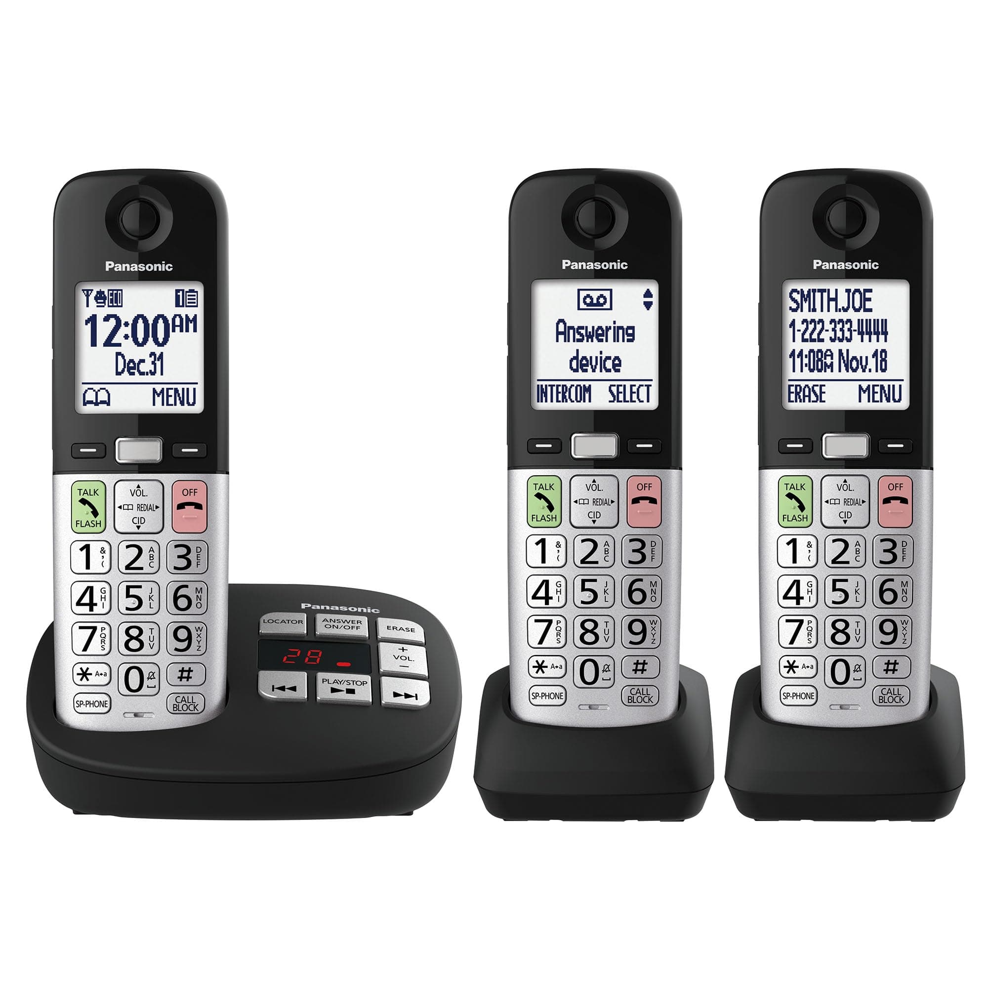 Cordless Phone, Easy to Use with Large Display & Big Buttons, Flashing Favorites Key, Flashlight, Call Block, Volume Boost, Talking Caller ID, House Phones, 3 Handsets - KX-TGU433B