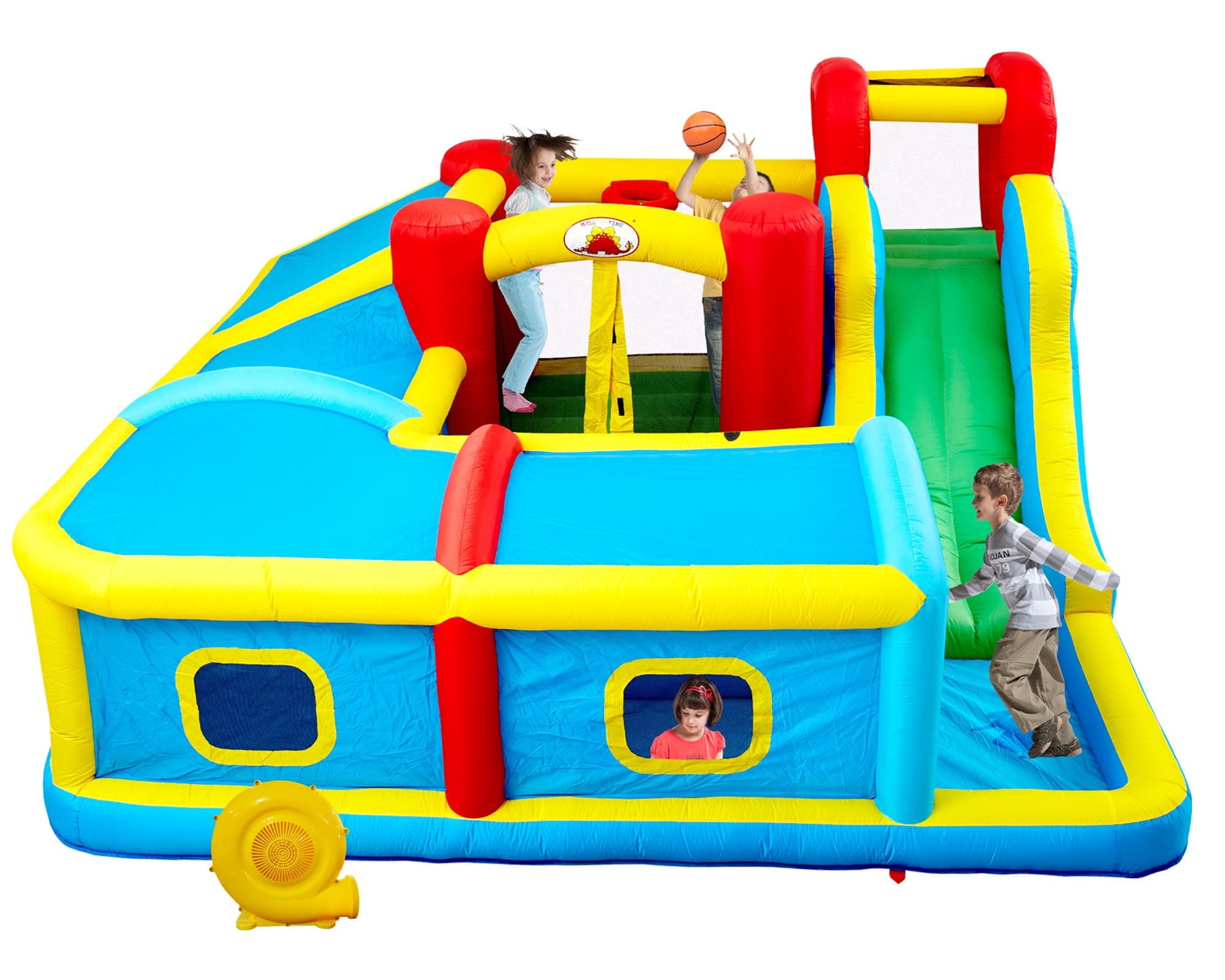 WELLFUNTIME Inflatable Bounce House with Slide, Bouncy Castle & Jumping Castle with Blower and Wave Pool, Basketball Rim, Long Tunnel