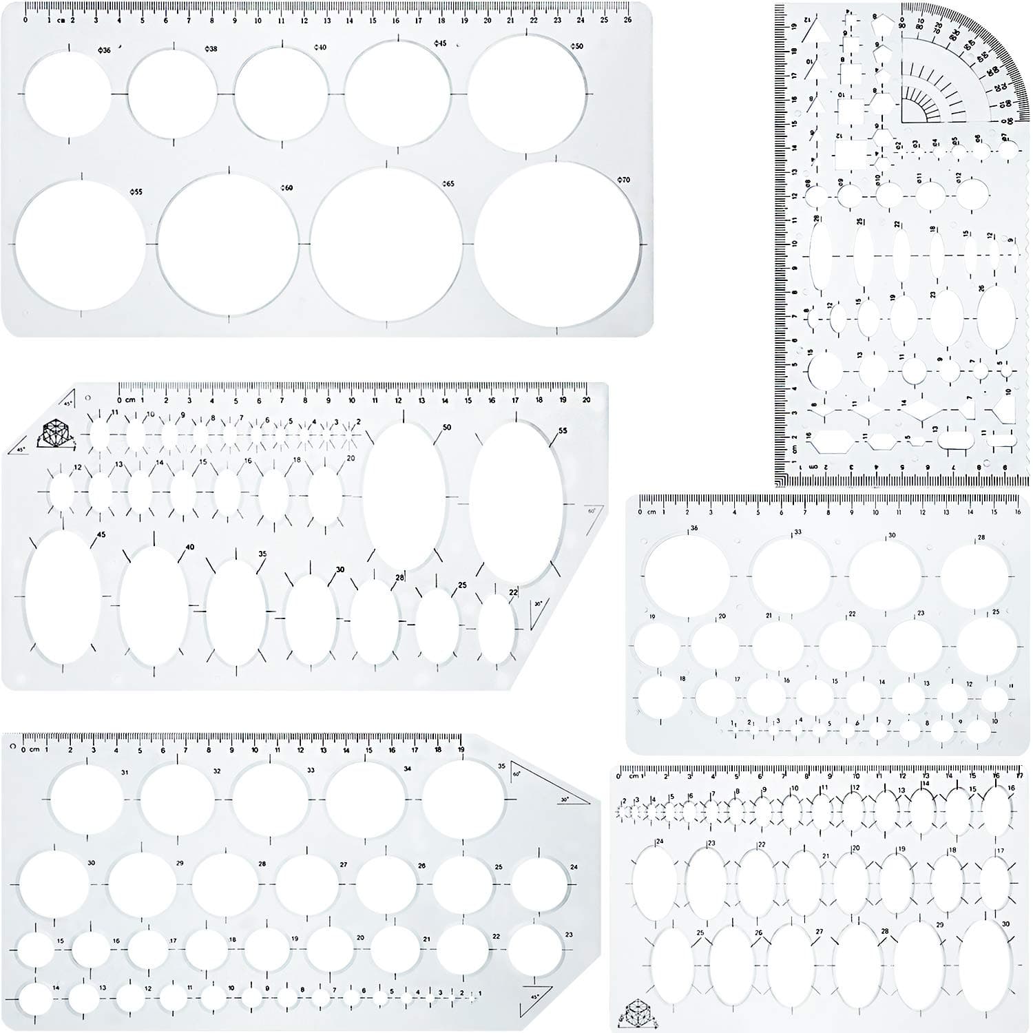 6 Pieces Circle Template Plastic Circle and Oval Measuring Templates Transparent Drawing Template Ruler for Office and School Building Formwork