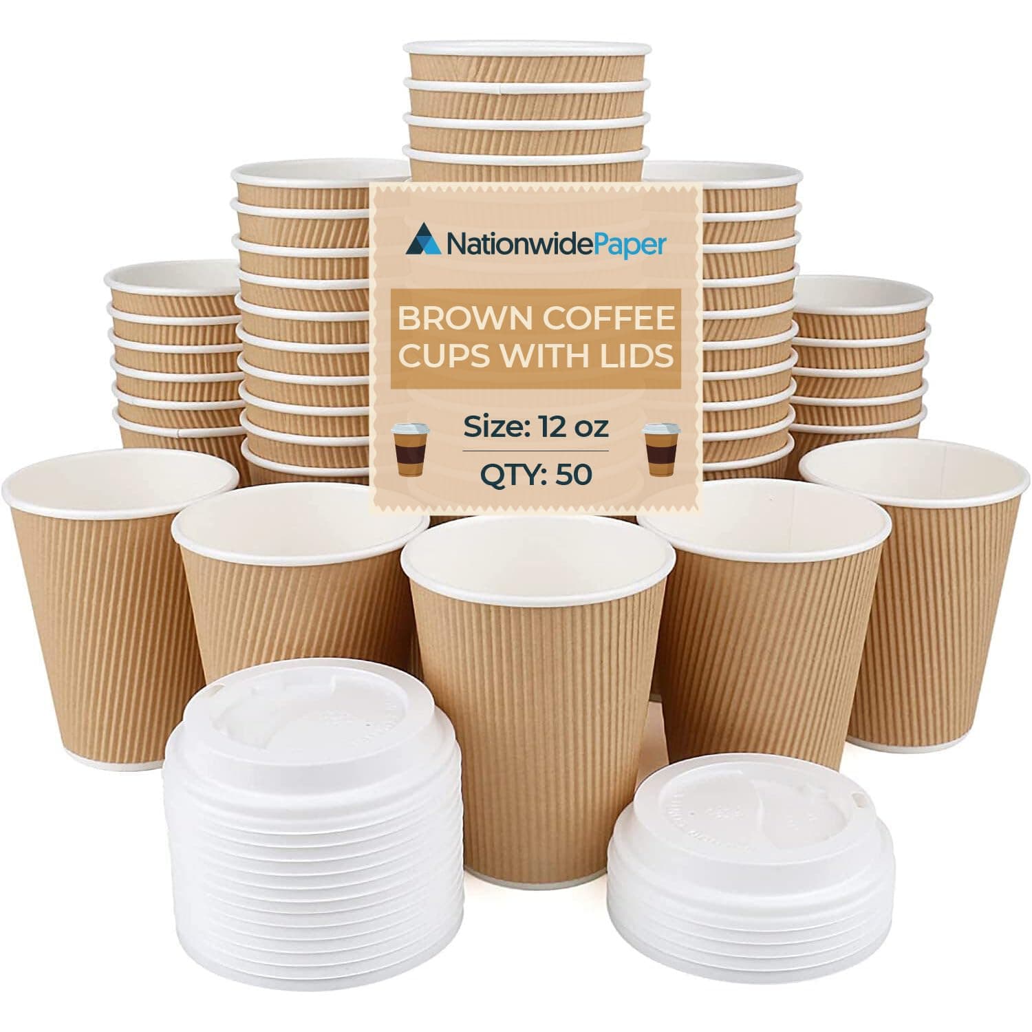 Coffee Cups with Lids 12oz Disposable Takeaway Coffee Cup Triple Walled Ripple Brown - 50 Pcs