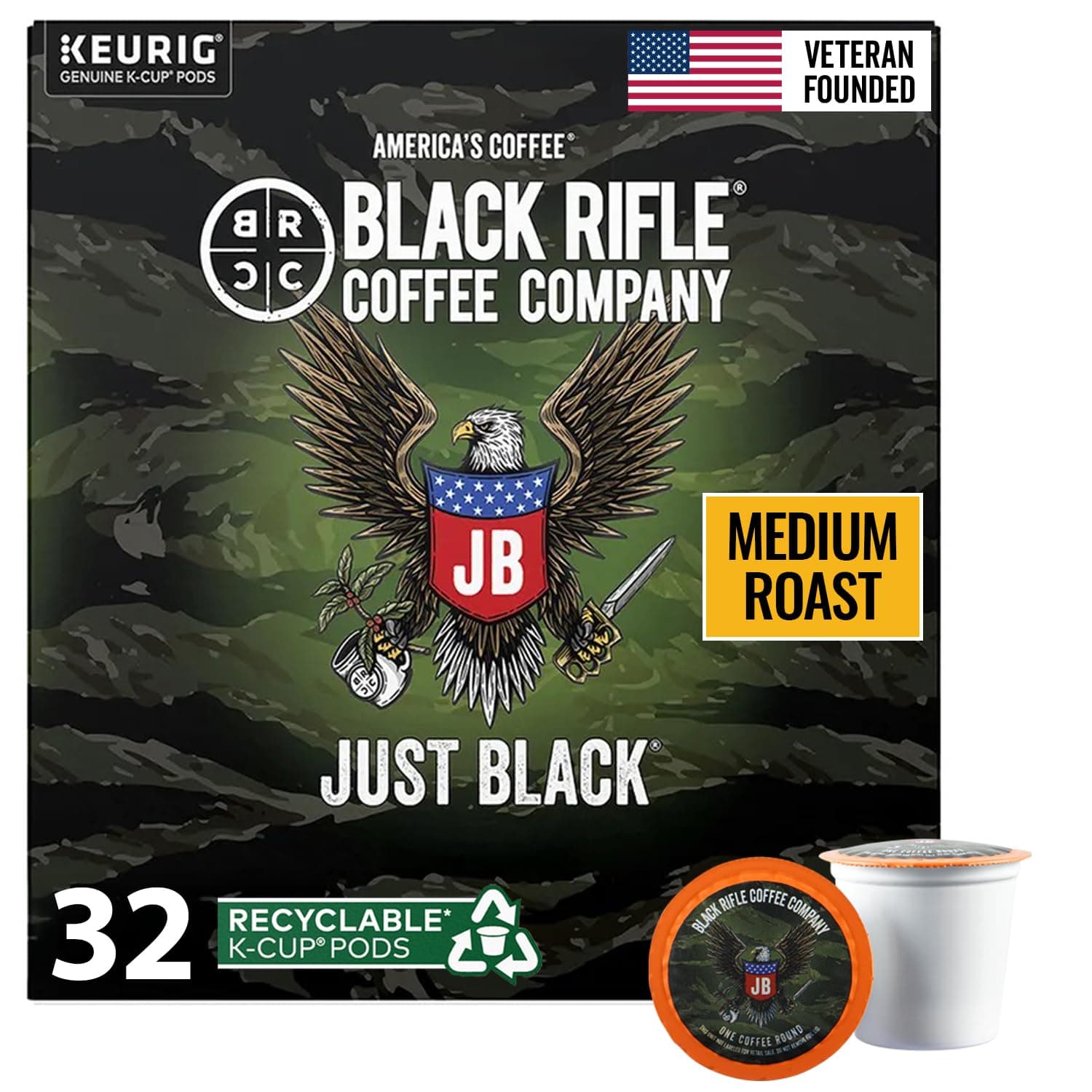 Black Rifle Coffee Company Just Black, 32 Count, Medium Roast K Cups - Single Serve K Cups Coffee Pods - Kcup Pods Compatible with Keurig 1.0 & 2.0 - Made from Arabica Beans