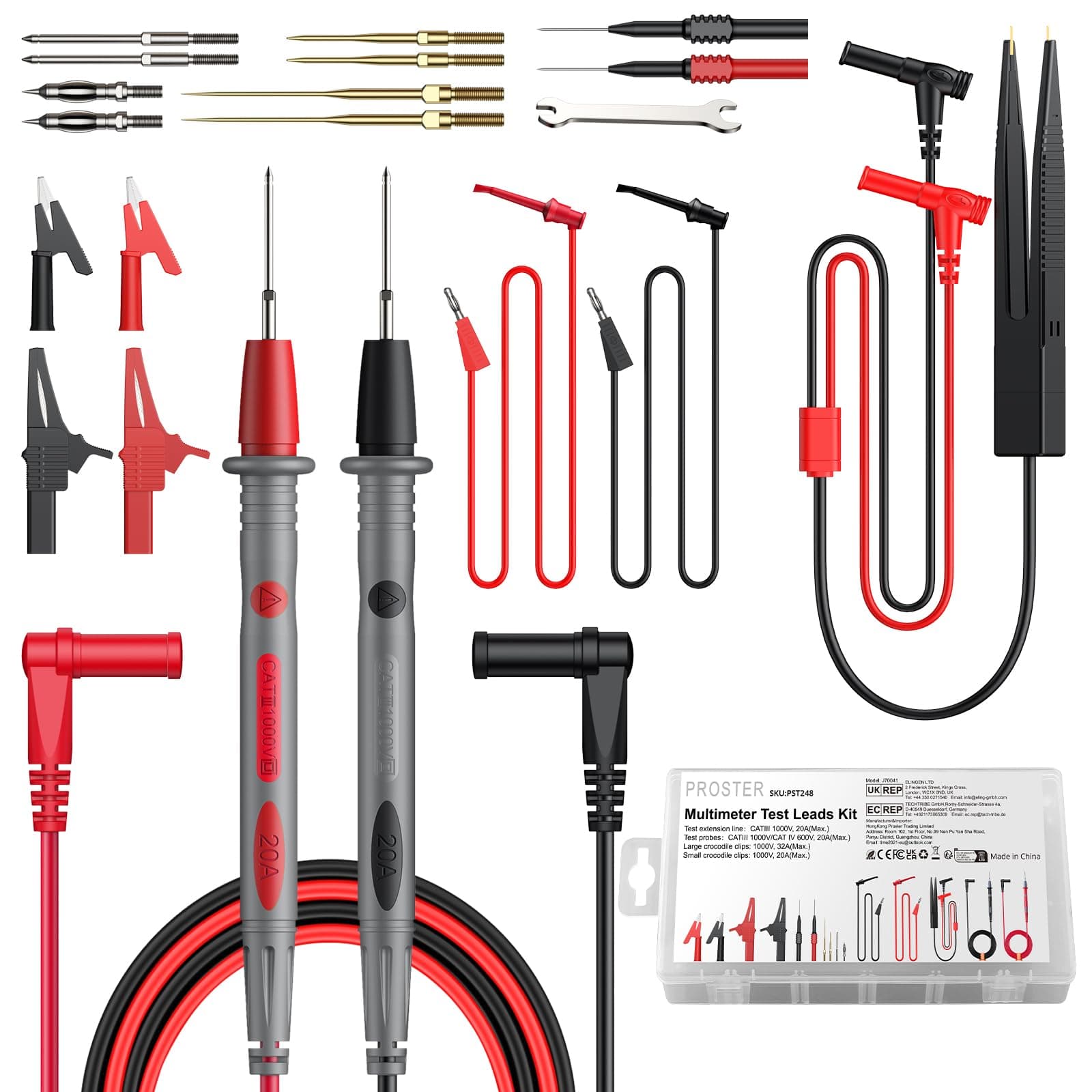 Multimeter Leads - 24 in 1 Multimeter Test Leads with Replaceable Gold-Plated Test Probes Alligator Clips Test Hooks Piercing Clip SMD Test Tweezer Multi Meter Lead Set with Stroge Box