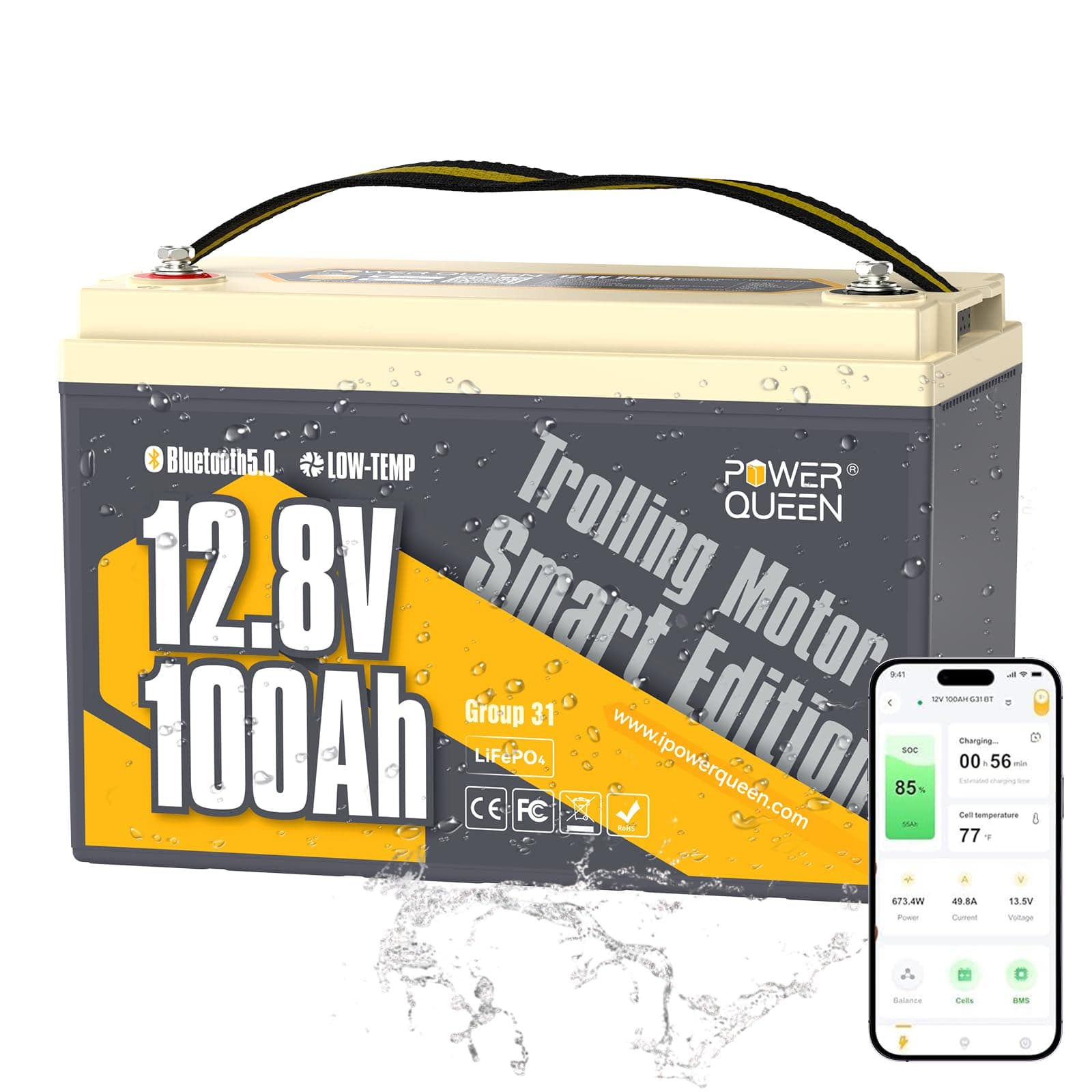 Power Queen LiFePO4 Battery 12V 100Ah Bluetooth Group31 Deep Cycle Battery, Max. Output Power 1280W, 100A BMS with Low-Temp Cut-off Protection for RV, Trolling Motors, Solar System