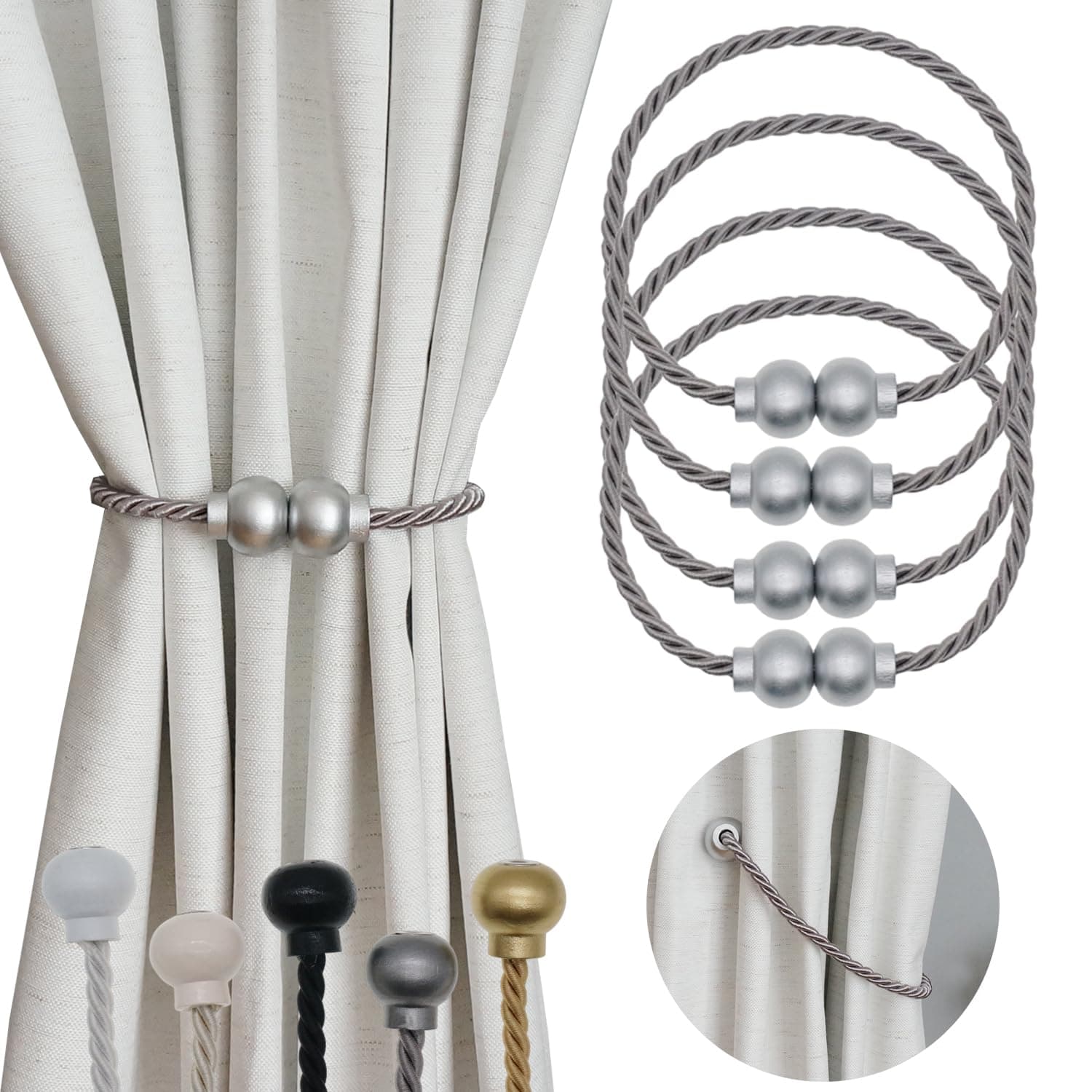 4 Pack Magnetic Curtain Tiebacks Modern Handmade Rope Curtain Tie Backs Decorative Drapes Weave Holdbacks for Home Outdoor Bedroom Office Decorative Curtain, Grey