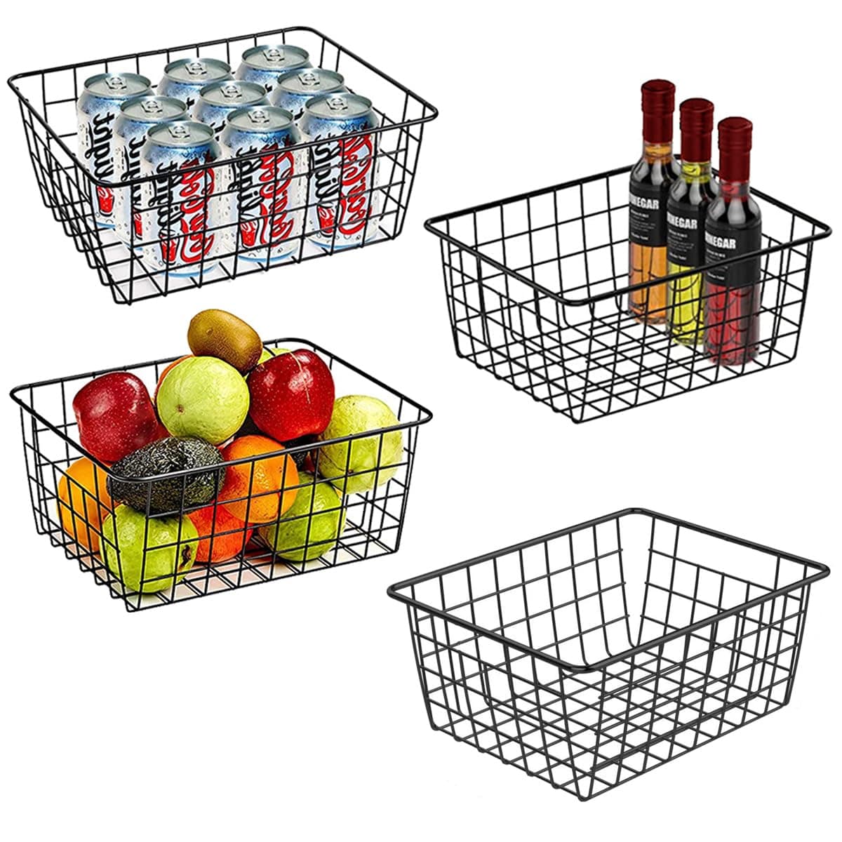 Wire Baskets for Organizing, 4 Pack Household Pantry Basket Black Metal Storage Bins Wire Storage Baskets Metal Baskets for for Home Office Kitchen, Bathroom