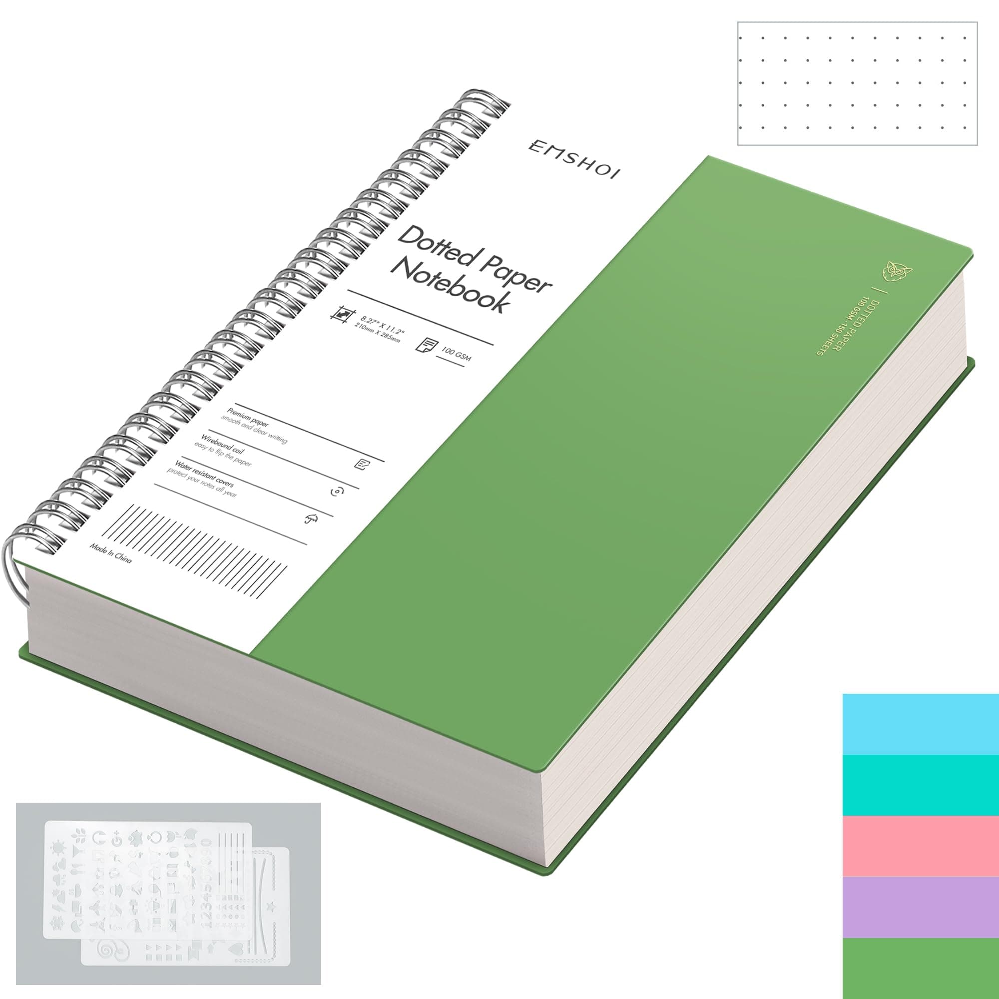EMSHOI A4 Notebook Bullet Dotted Journal - 300 Pages Wirebound Spiral Notepad, 100gsm Dot Grid Paper, Waterproof Softcover, for Women Men Work Office School Writing, 21.5 x 27.9cm, Green