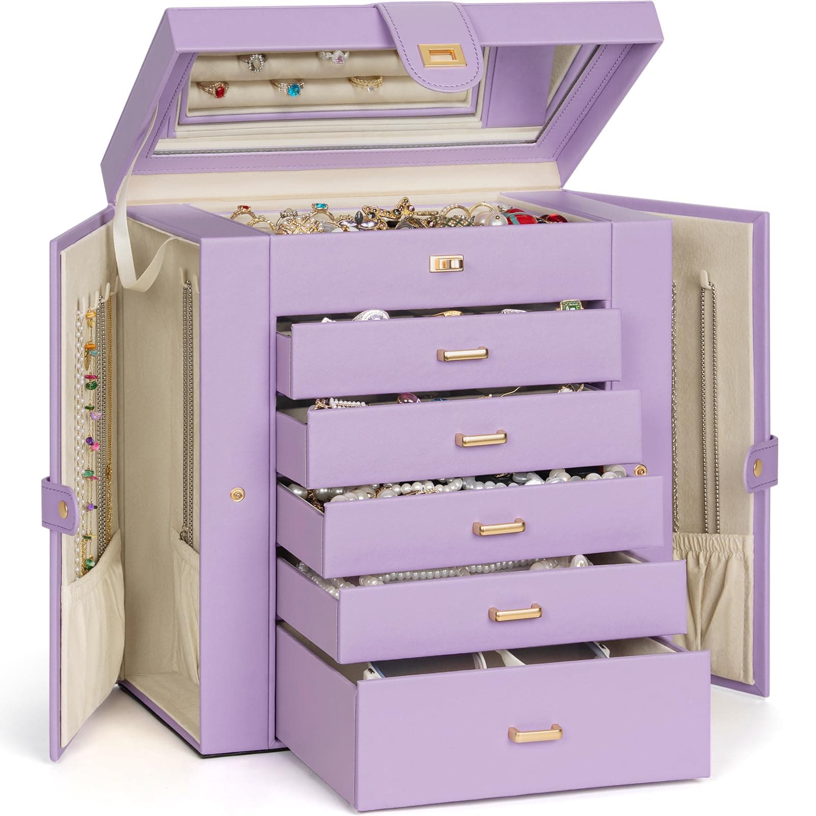 AKOZLIN Extra Large 6-Tier Jewelry Box Organizer Functional Huge, 5 Drawers Leather Jewelry Storage Case for Women Girls Ring Necklace Earring Bracelet Holder Organizer with Mirror Violet