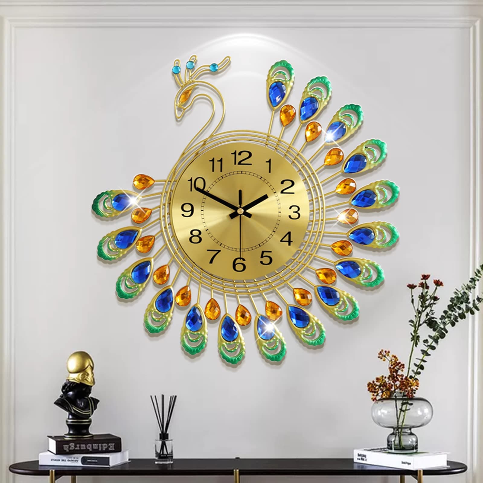 FLEBLE Large Wall Clocks for Living Room Decor Gold Decoration Wall Clock Silent Battery Operated Non Ticking for Bedroom Kitchen 14 Inch Retro Peacock Crystal Wall Watch Quartz for Home Office Indoor