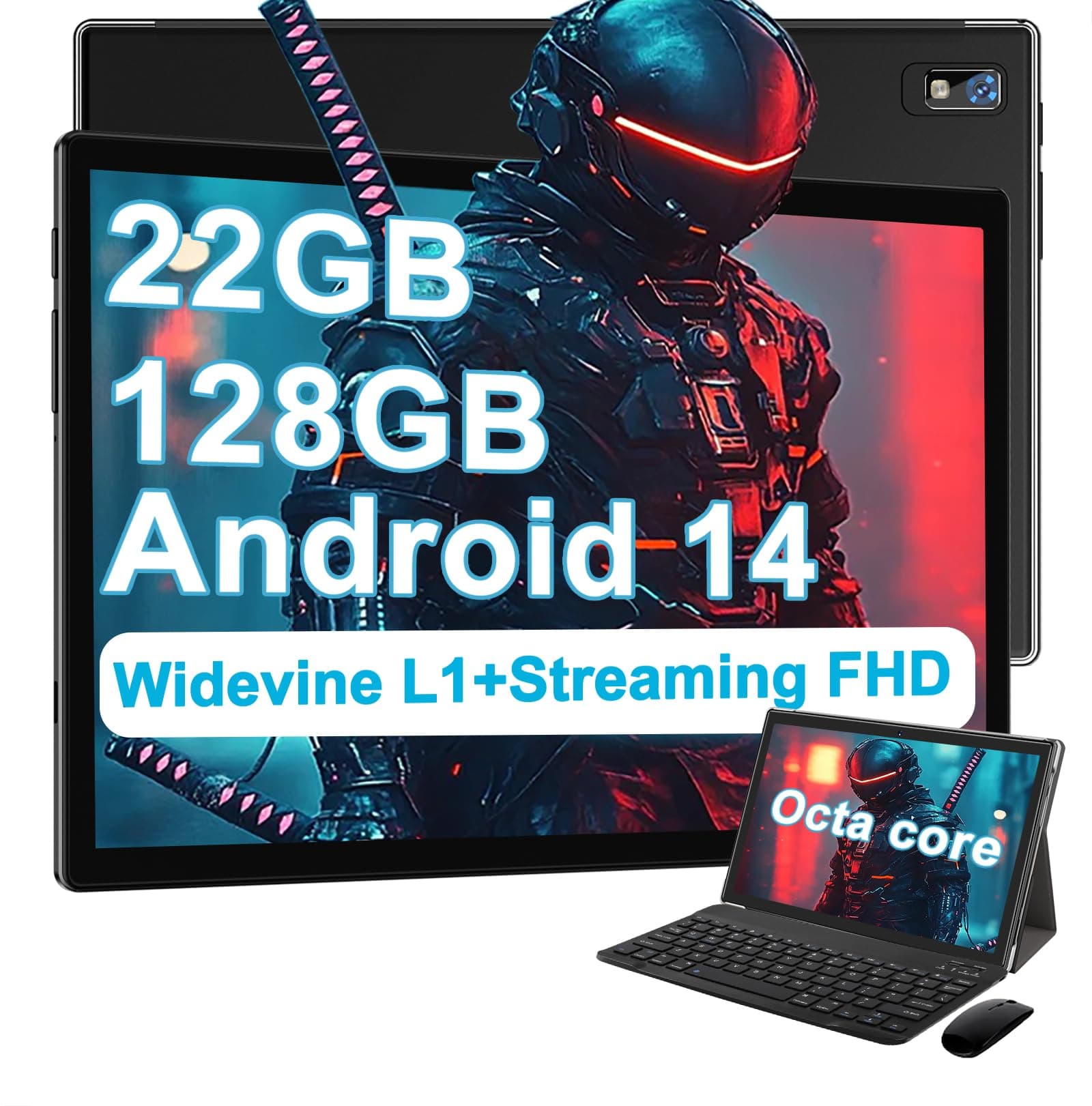 2025 Tablet 10 Inch Android 14 Tablets with 22GB RAM 128GB ROM 1TB Expand, Octa-Core Tablet with Keyboard Mouse, 8000mAh Battery, HD IPS Display, GPS, Widevine L1, Split Screen, Metal Body -Black