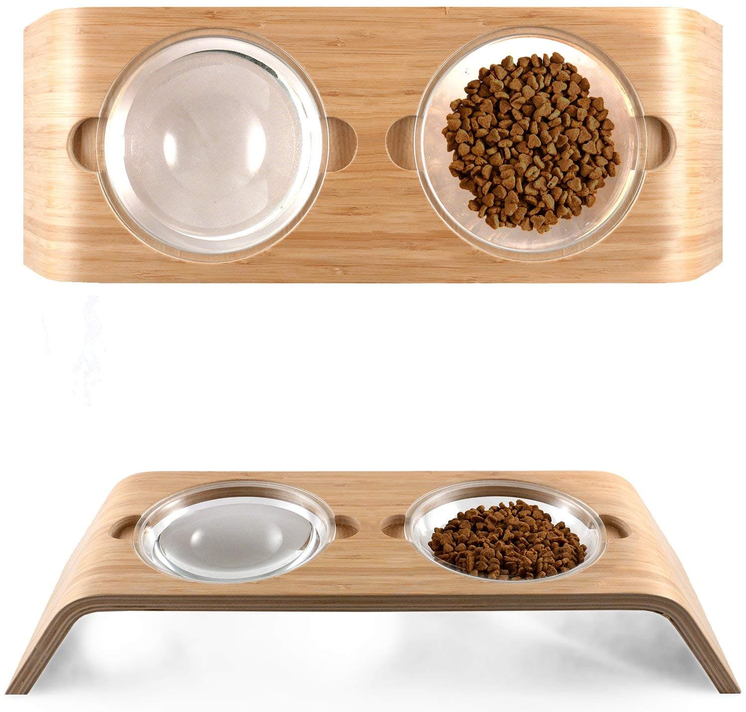 Elevated Dog & Cat Feeder by Fox & Fern - 4" Raised Pet Bowls Stand from Bamboo Wood - Cats and Dogs Feeding Station - Whisker Fatigue Proof - Mid Century Modern - Indent version