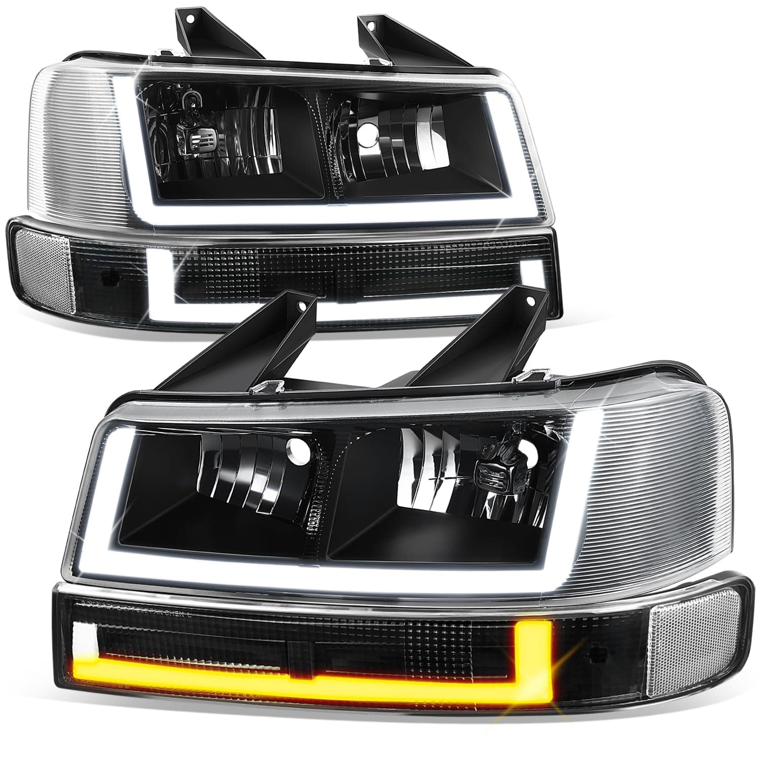 Auto Dynasty Headlights Assembly and Bumper Lamps Compatible with 2003-2024 Chevy Express GMC Savana 1500-4500, with Switchback U-LED DRL Running lights, Black Housing Clear Lens (4Pcs)