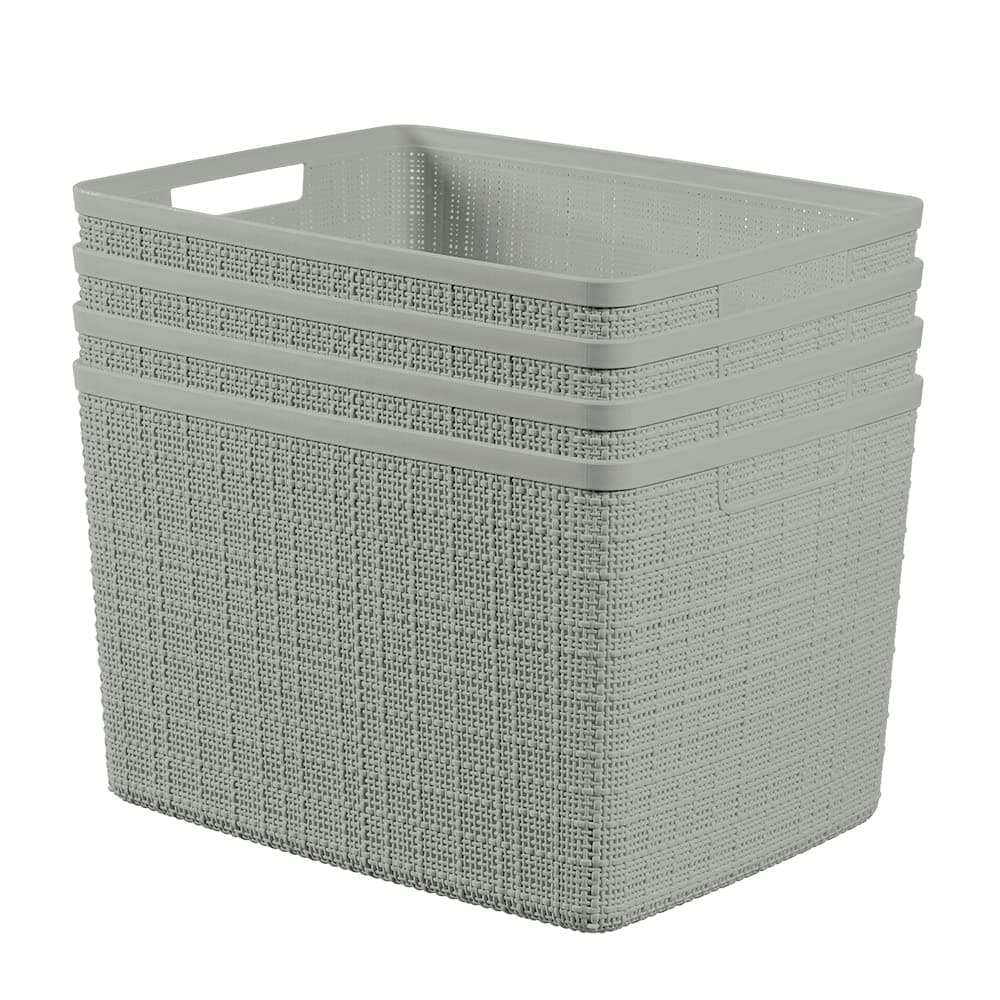 Curver Set of 4 Jute Large Decorative Plastic Organization and Storage Baskets, Perfect Bins for Home Office, Closet Shelves, Kitchen Pantry and All Bedroom Essentials, Grey