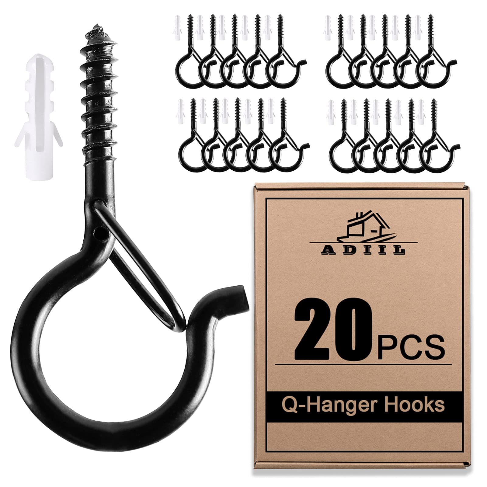 ADIIL 20 PCS Q Hanger Hooks with Safety Buckle, Windproof Screw Hooks for Hanging Outdoor String Lights, Plants, Christmas Patio Lights, 2.2 Inches, Black